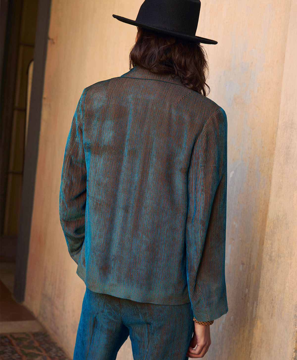 EMMA JACKET IN BI-COLOUR RIBBED VISCOSE VELVET - TEAL - Momonì