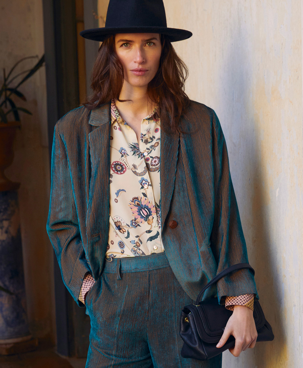 EMMA JACKET IN BI-COLOUR RIBBED VISCOSE VELVET - TEAL - Momonì