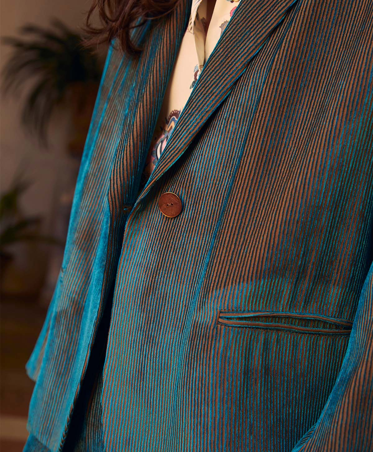 EMMA JACKET IN BI-COLOUR RIBBED VISCOSE VELVET - TEAL - Momonì