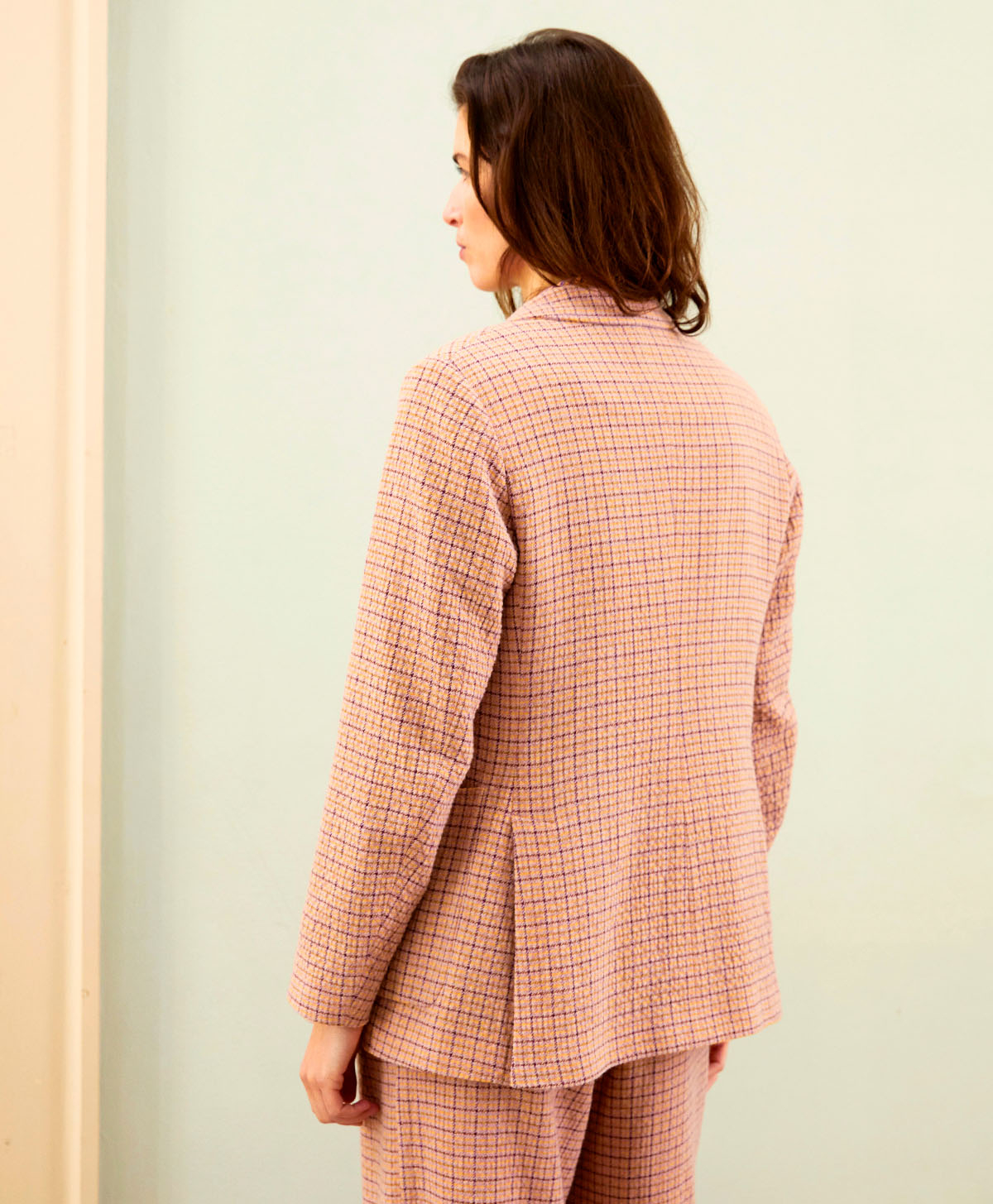 YVES JACKET IN HOUNDSTOOTH SEERSUCKER - APRICOT/LIME - Momonì