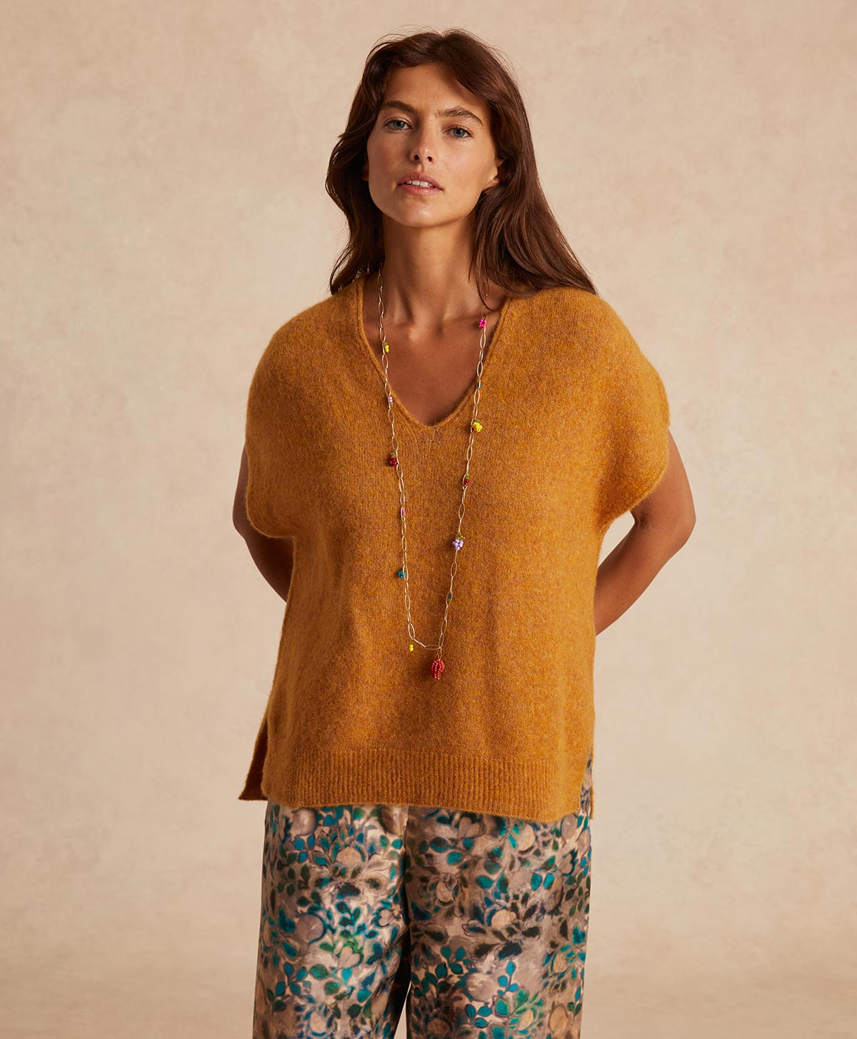 GILET ADRIEN  FLEECE-EFFECT BABY ALPACA  - CAMEL - Momonì
