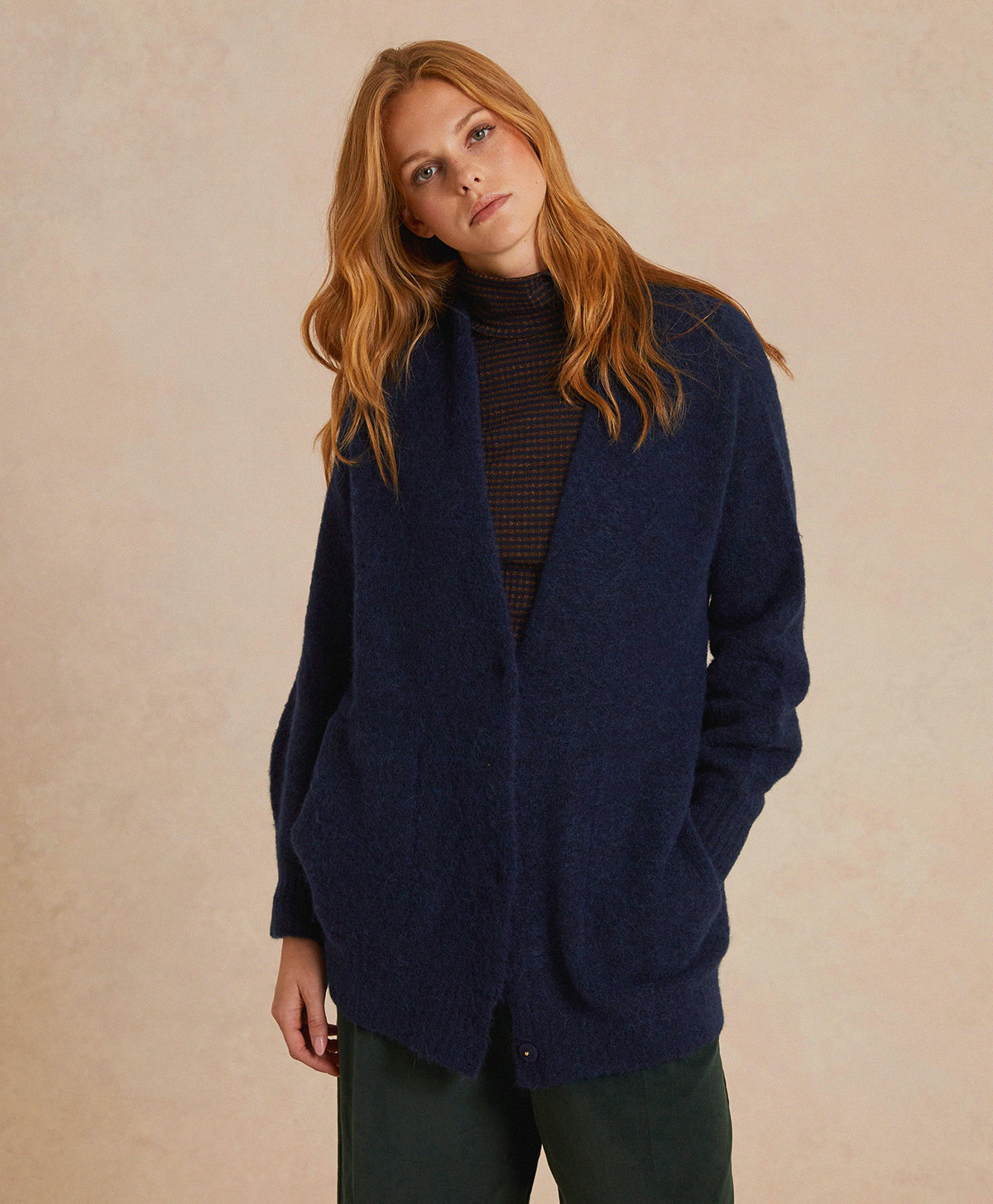 CARDIGAN CHAMONIX  FLEECE-EFFECT BABY ALPACA  - BLUE - Momonì