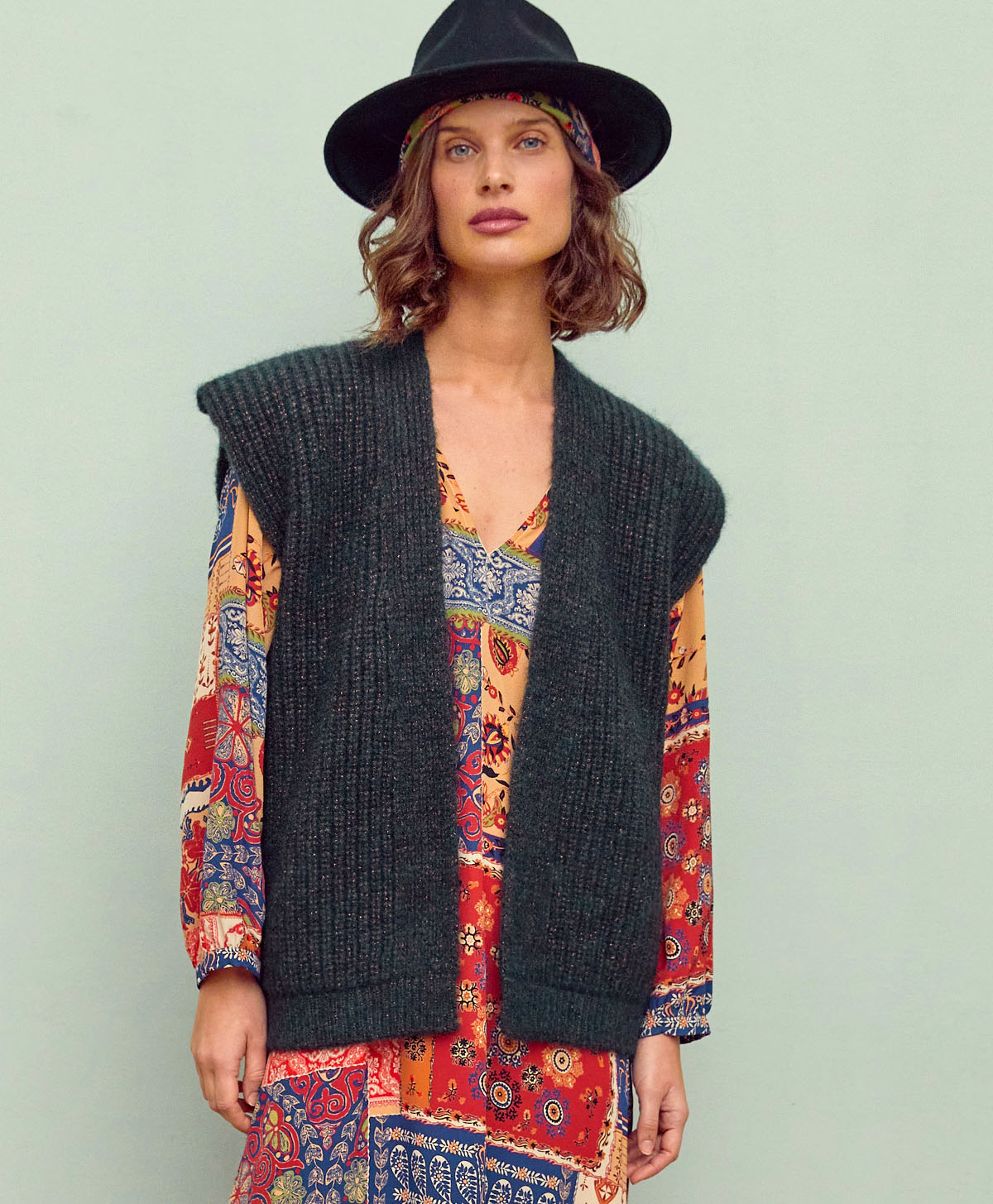 GILET ARSENE EN TRICOT LUREX TRAVAILLÉ - VERT FONCÉ - Momonì