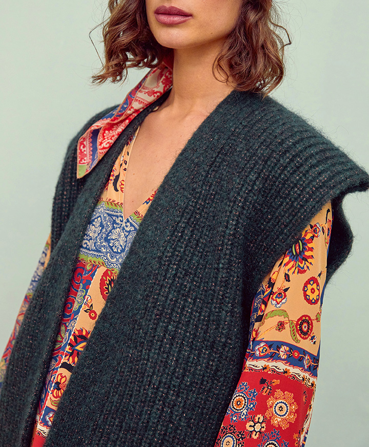 GILET ARSENE EN TRICOT LUREX TRAVAILLÉ - VERT FONCÉ - Momonì