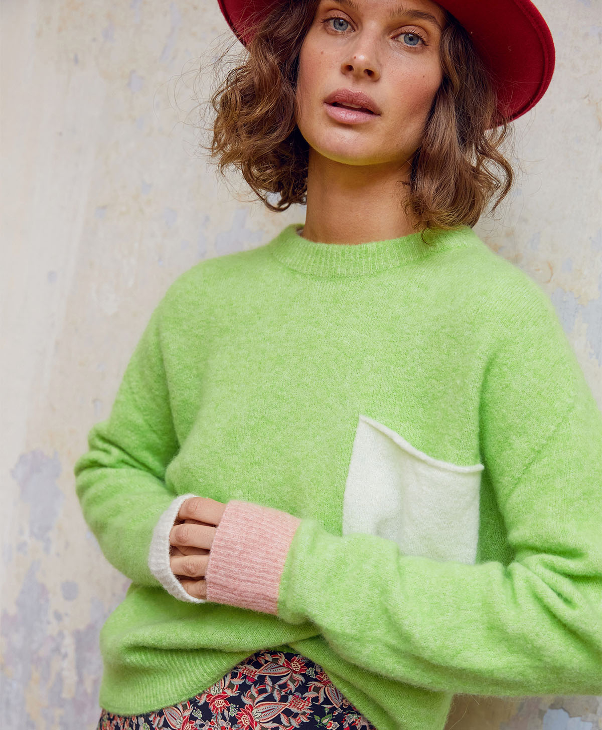 TRICOT ABETE EN BABY ALPAGA COLOR BLOCK - VERT ACIDE - Momonì