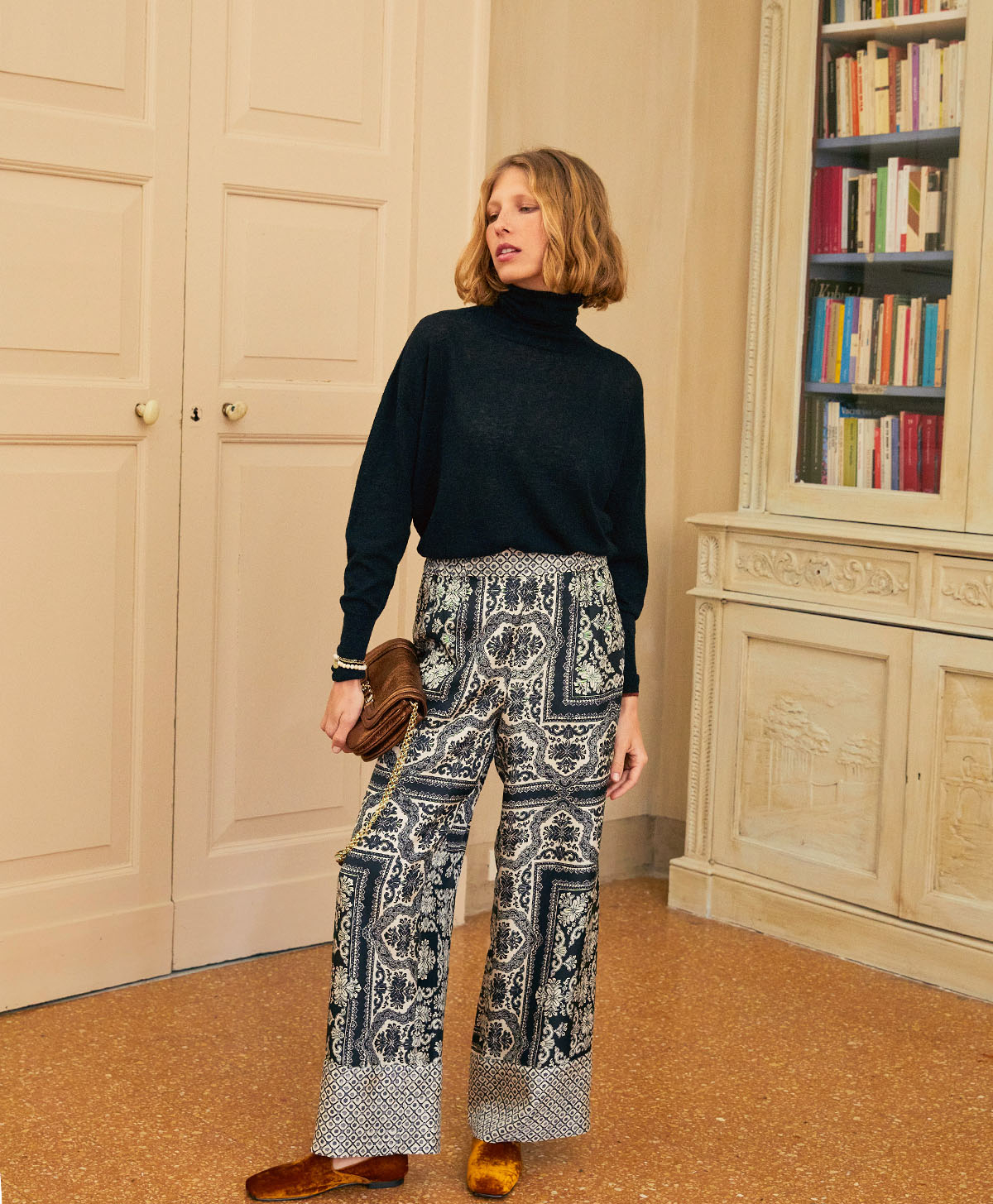 CAMILLE PANT IN BI-PRINTED SILK TWILL - BLACK/OPTICAL WHITE - Momonì