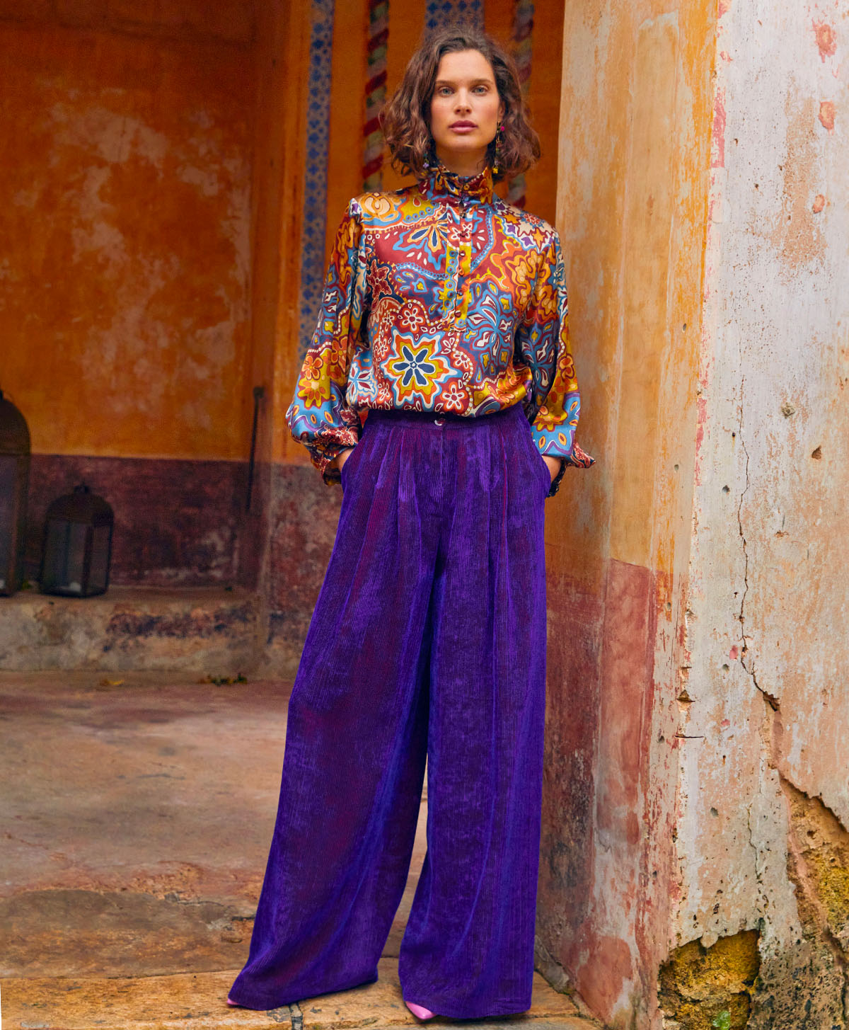 PANTALON PATRICE EN VELOURS FLUIDE CÔTES BICOLORES - VIOLET - Momonì