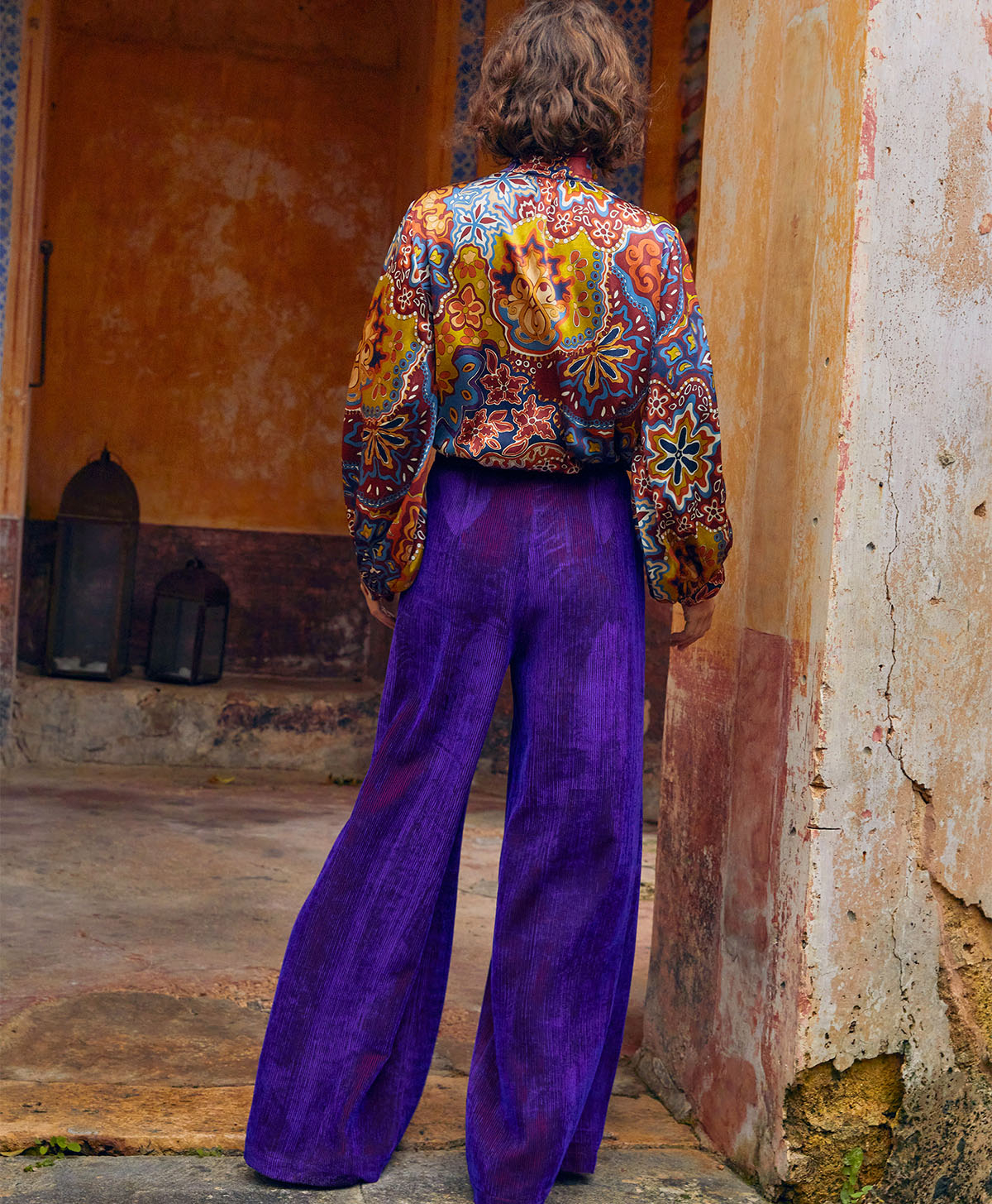 PANTALON PATRICE EN VELOURS FLUIDE CÔTES BICOLORES - VIOLET - Momonì