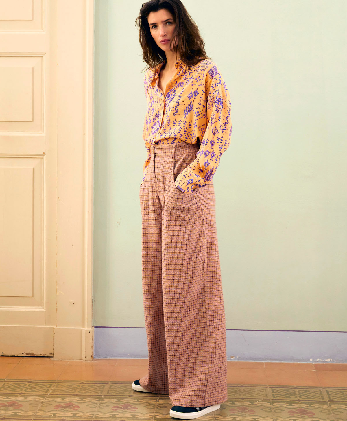 PANTALON RENAUD EN PIED-DE-POULE SEERSUCKER - ABRICOT/LIME - Momonì