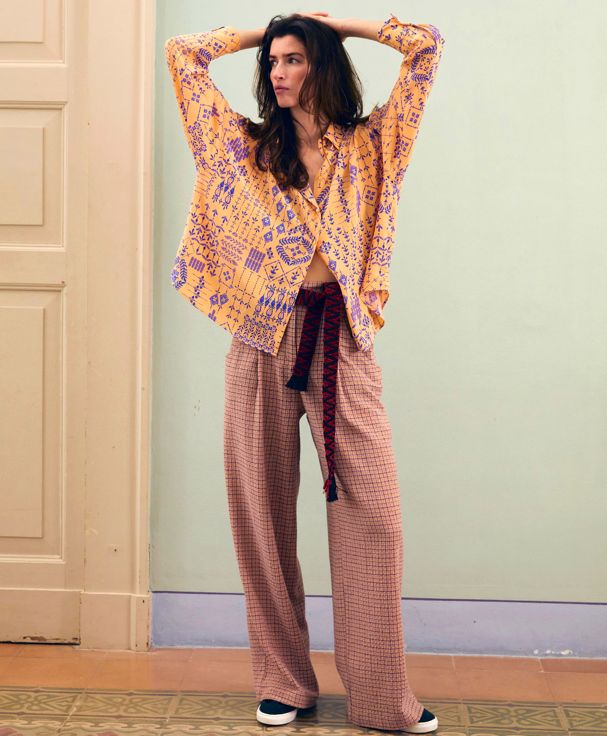 PANTALON RENAUD EN PIED-DE-POULE SEERSUCKER - ABRICOT/LIME - Momonì