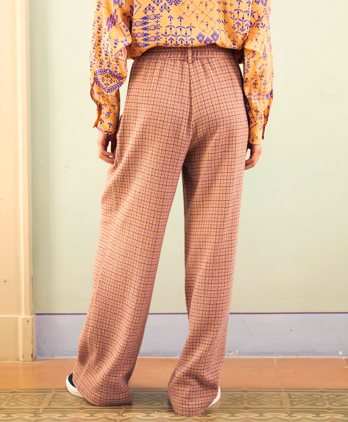 PANTALON RENAUD EN PIED-DE-POULE SEERSUCKER - ABRICOT/LIME - Momonì