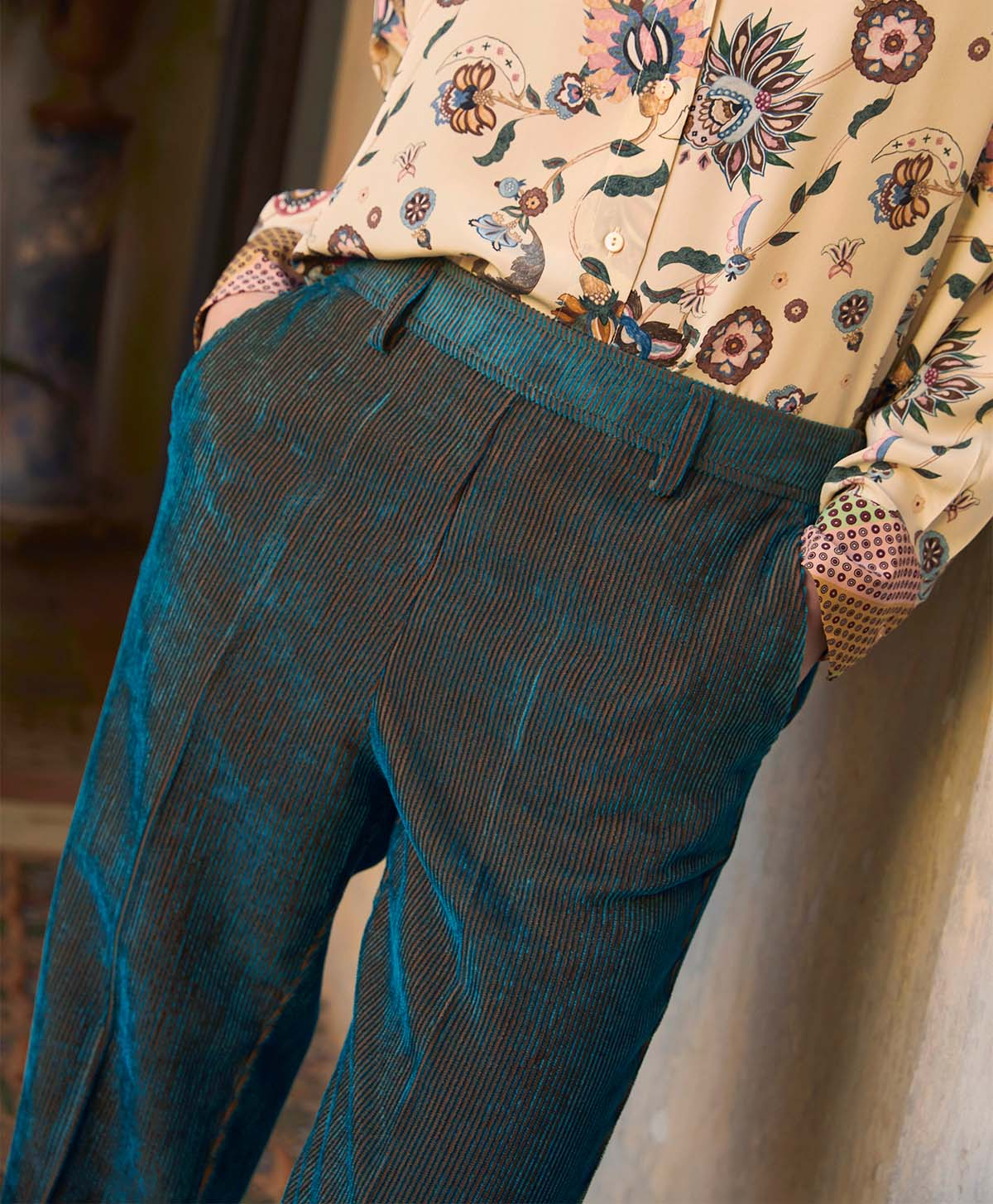 VISCHIO PANT IN BI-COLOUR RIBBED VISCOSE VELVET - TEAL - Momonì