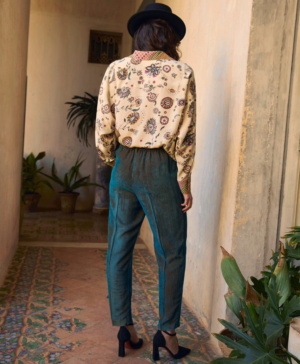 VISCHIO PANT IN BI-COLOUR RIBBED VISCOSE VELVET - TEAL - Momonì