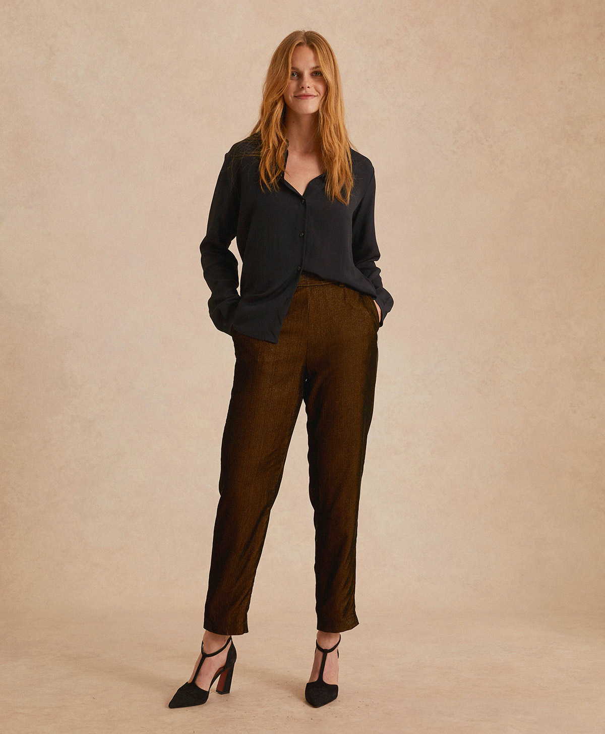 VISCHIO PANT IN FLUID LUREX NEEDLECORD - BLACK/GOLD - Momonì