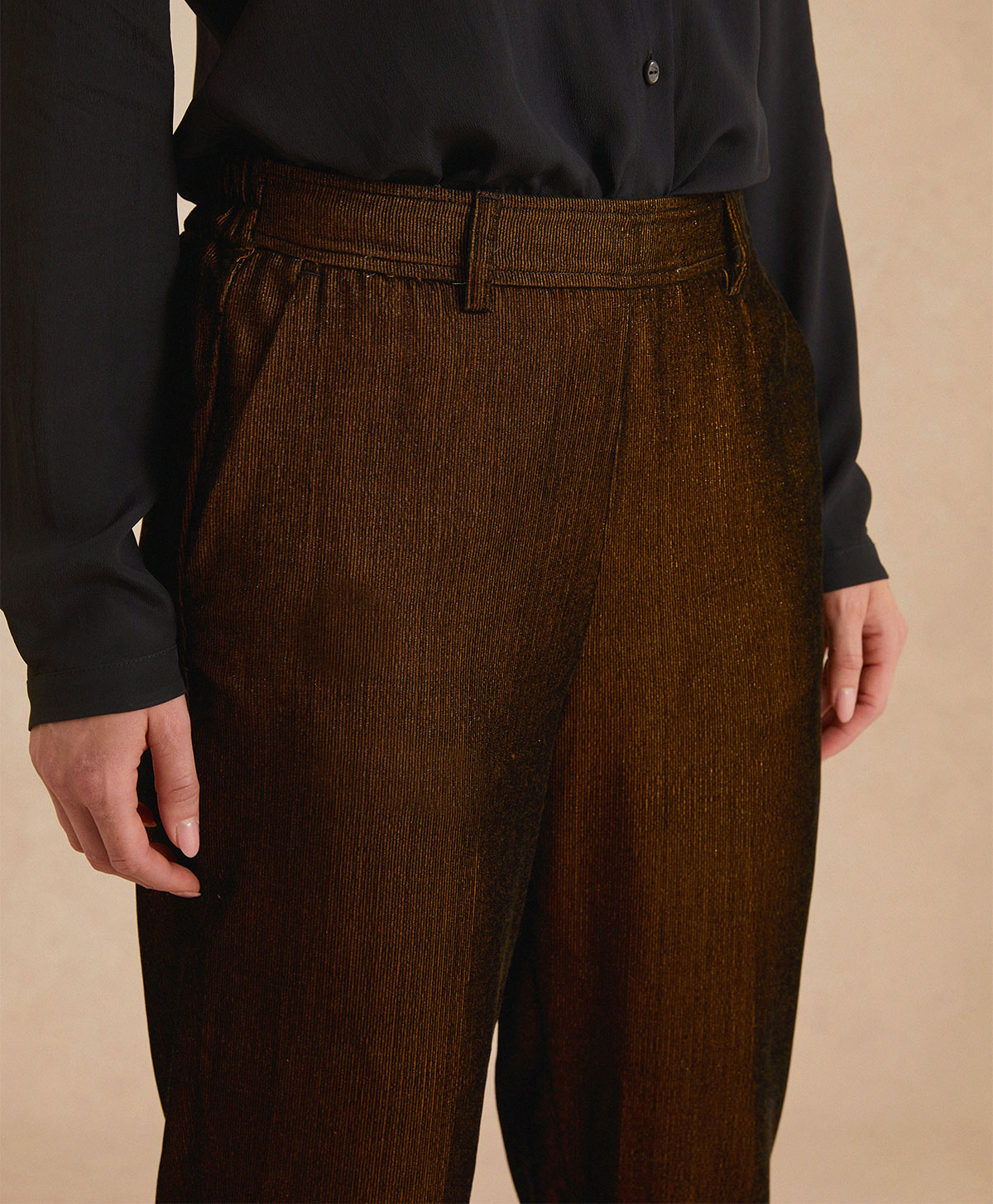 VISCHIO PANT IN FLUID LUREX NEEDLECORD - BLACK/GOLD - Momonì