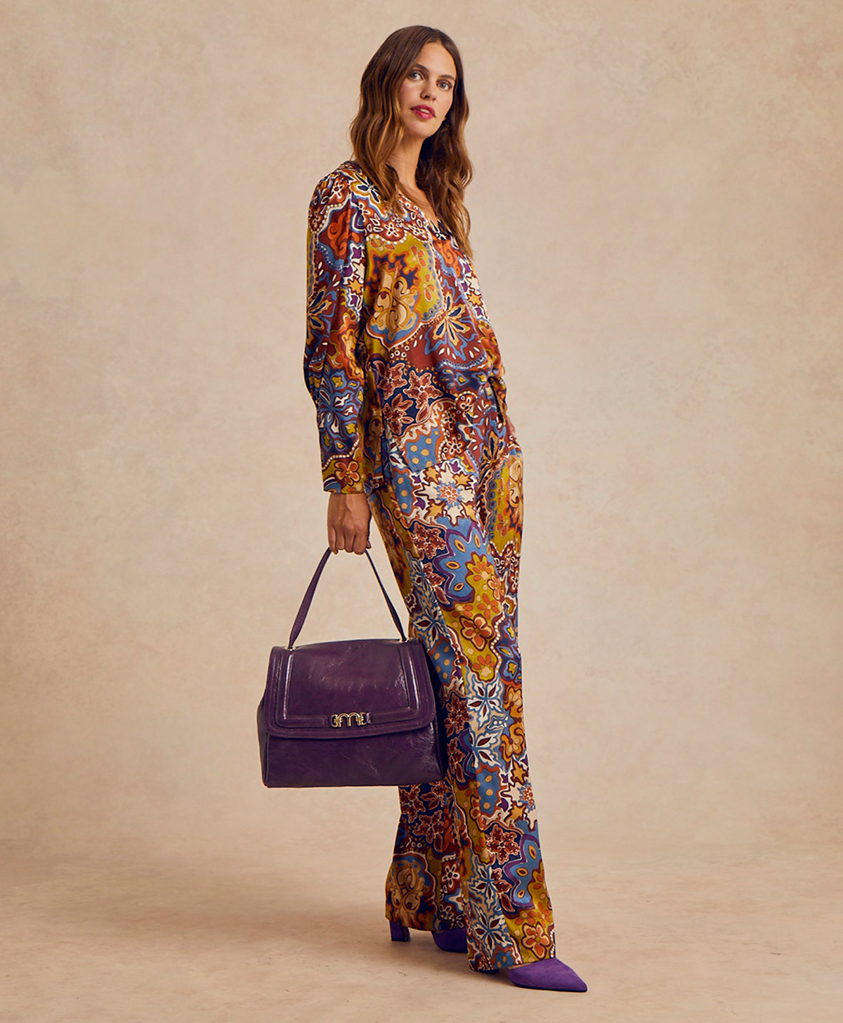 PANTALON BACARRAT EN SATIN STRETCH IMPRIMÉ - BRUN/ORANGE - Momonì