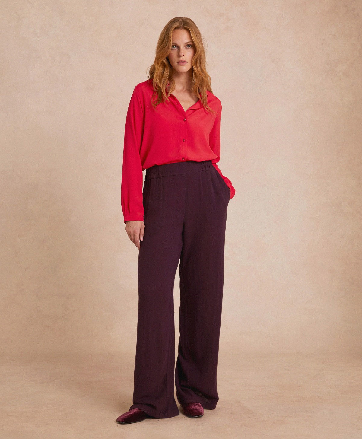 PANTALON BACARRAT EN GAZE DOUBLE LAINE VISCOSE - WINE RED - Momonì