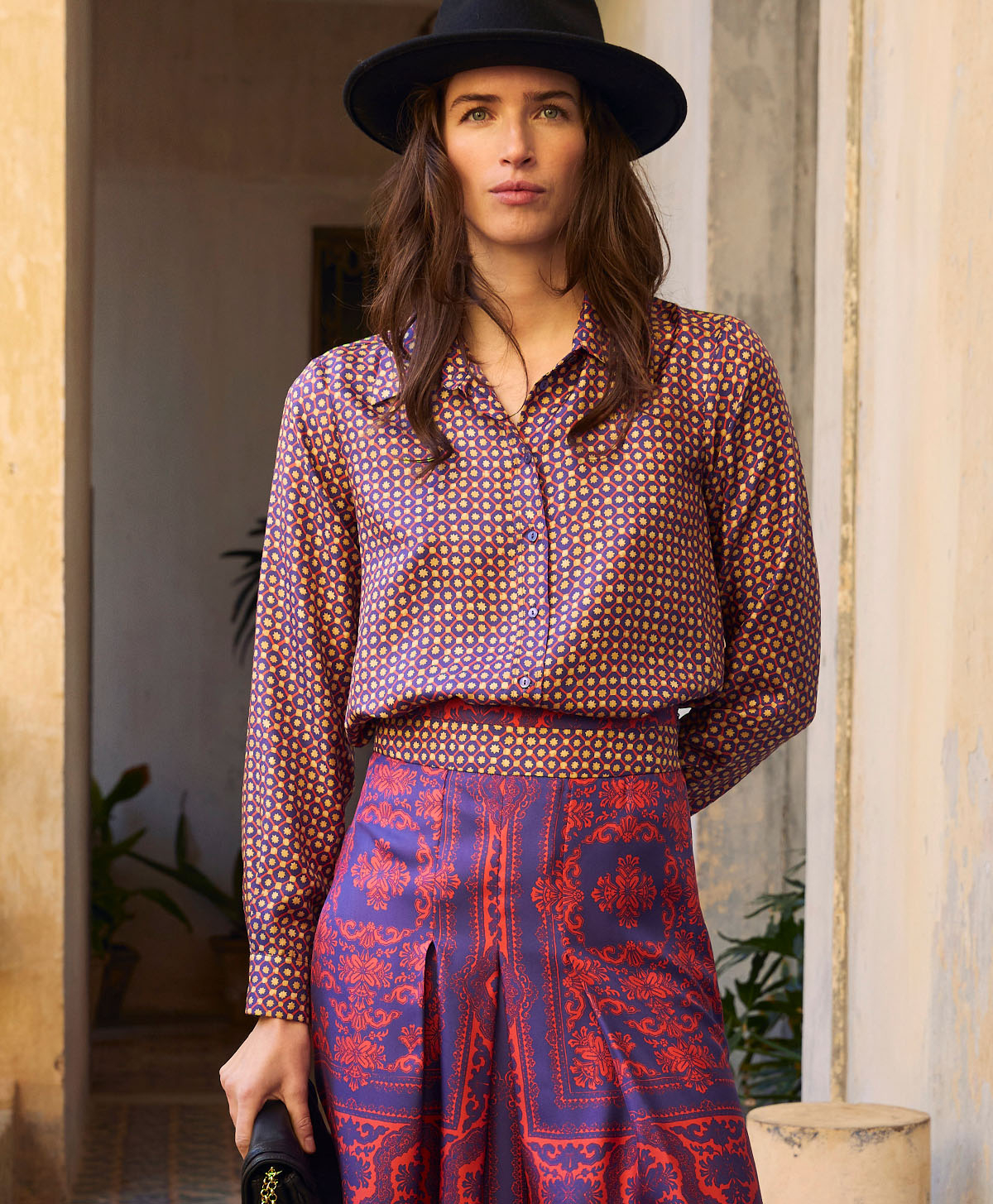 ARLES SHIRT IN PRINTED SILK TWILL - CORAL/INDIGO - Clothing - Momonì