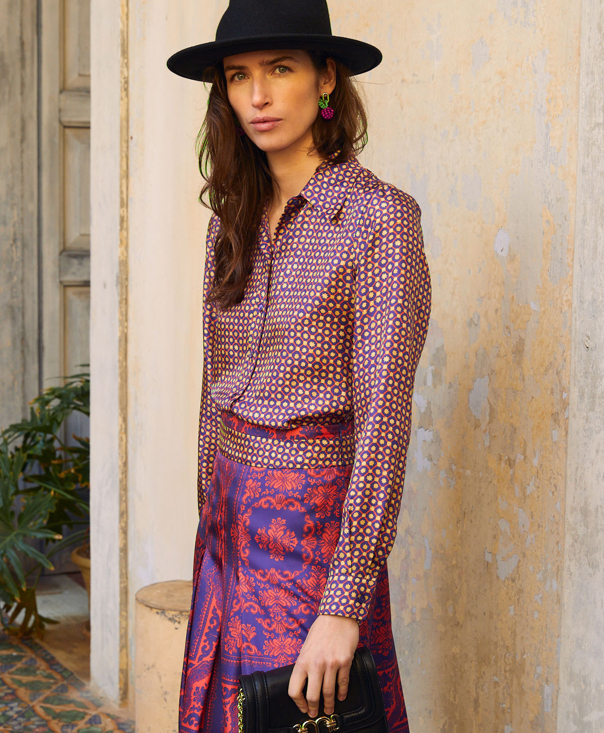 ARLES SHIRT IN PRINTED SILK TWILL - CORAL/INDIGO - Momonì