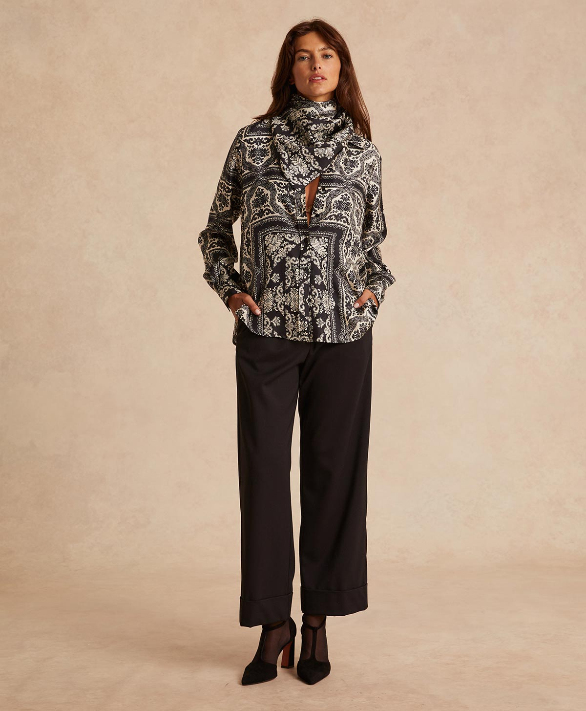 ARLES SHIRT IN PRINTED SILK TWILL - BLACK/OPTICAL WHITE - Momonì