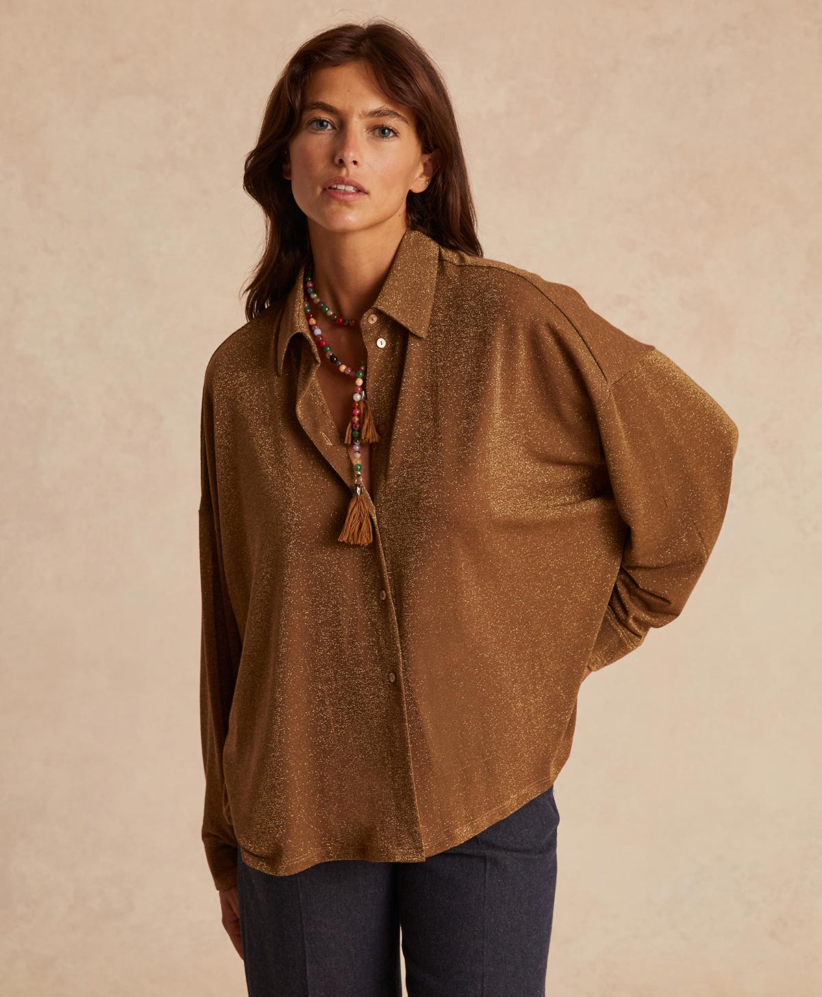 CHEMISIER LUCCIOLA EN JERSEY LUREX - CIGARE - Clothing - Momonì