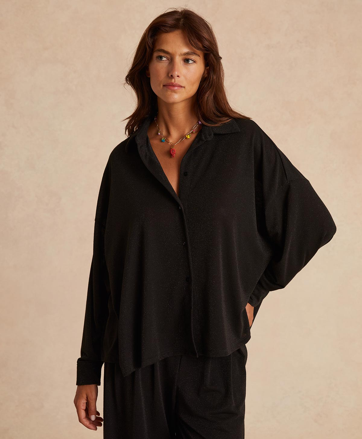 LUCCIOLA SHIRT IN LUREX JERSEY - BLACK - Clothing - Momonì