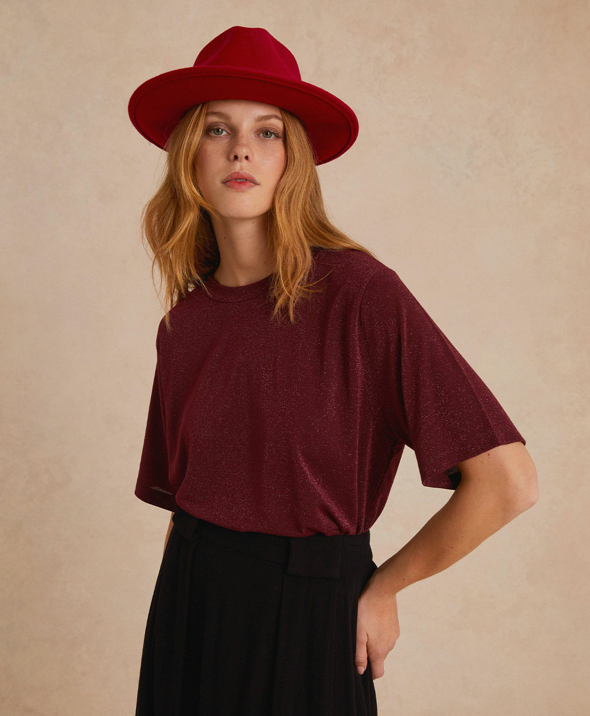 T-SHIRT IORA EN JERSEY LUREX - WINE RED - Clothing - Momonì