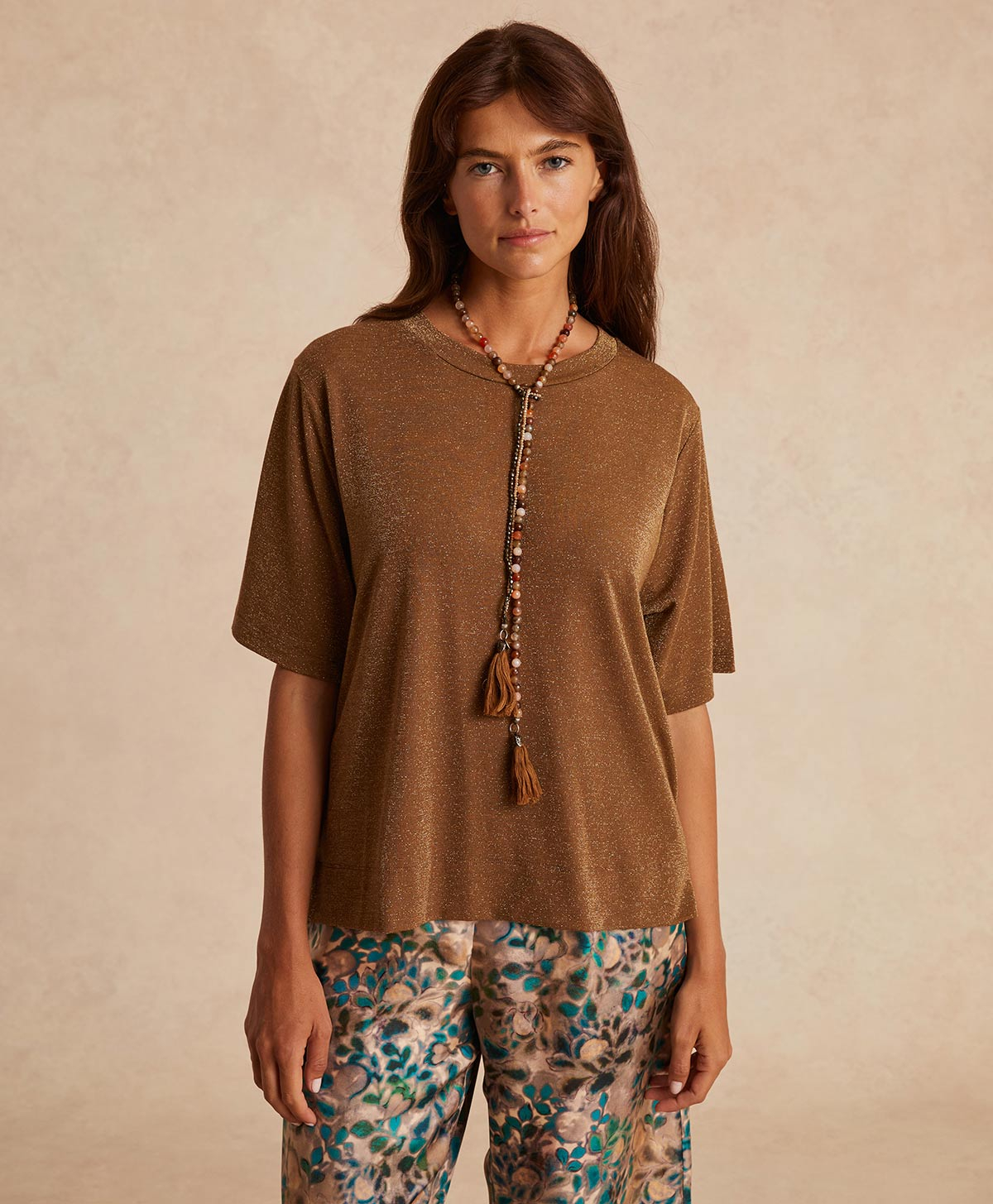 T-SHIRT IORA EN JERSEY LUREX - CIGARE - Momonì