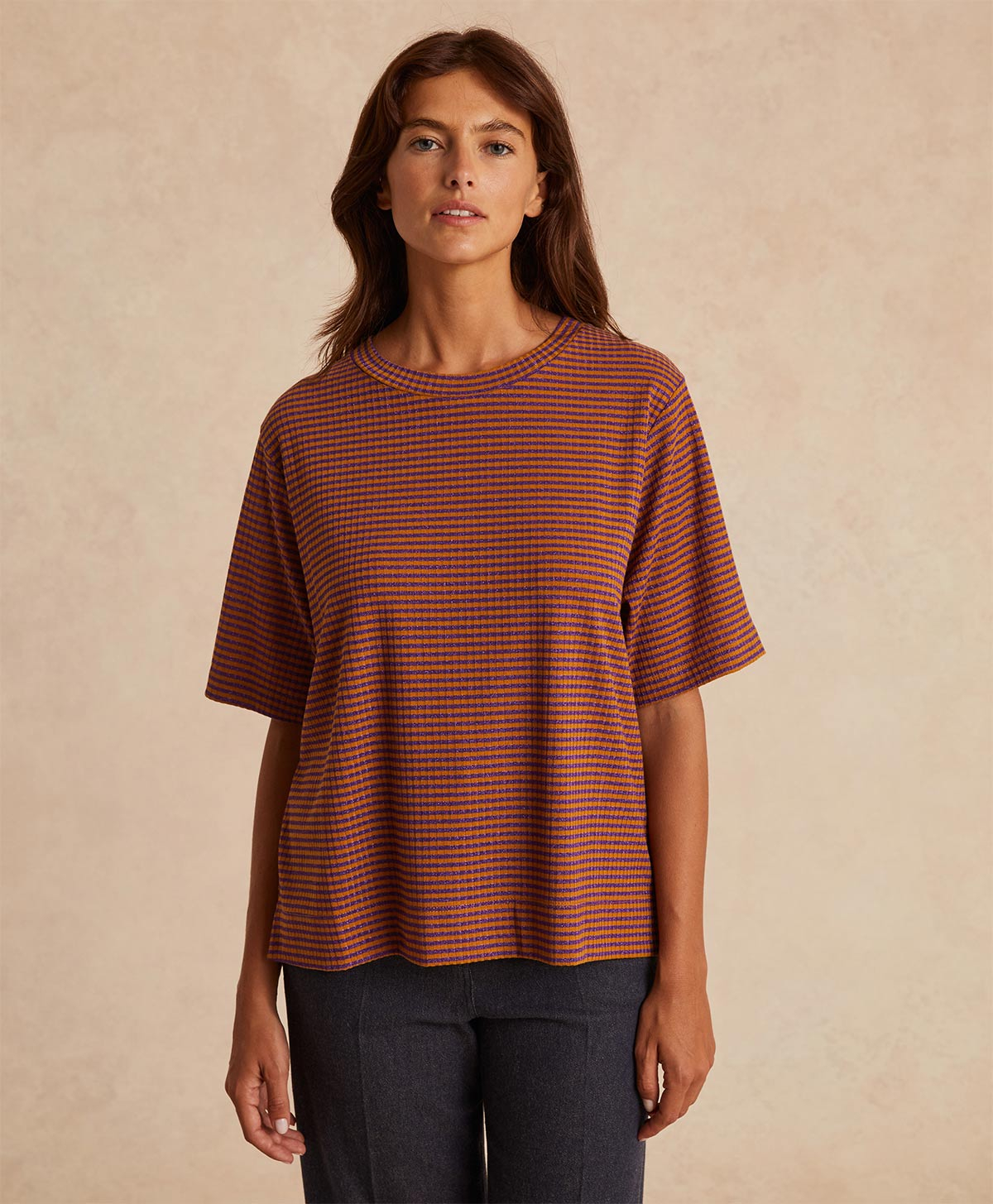 IORA TSHIRT IN LUREX RIB STRIPE - CURRY/VIOLET - Momonì