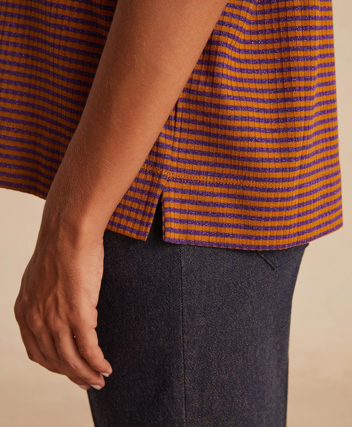 IORA TSHIRT IN LUREX RIB STRIPE - CURRY/VIOLET - Momonì