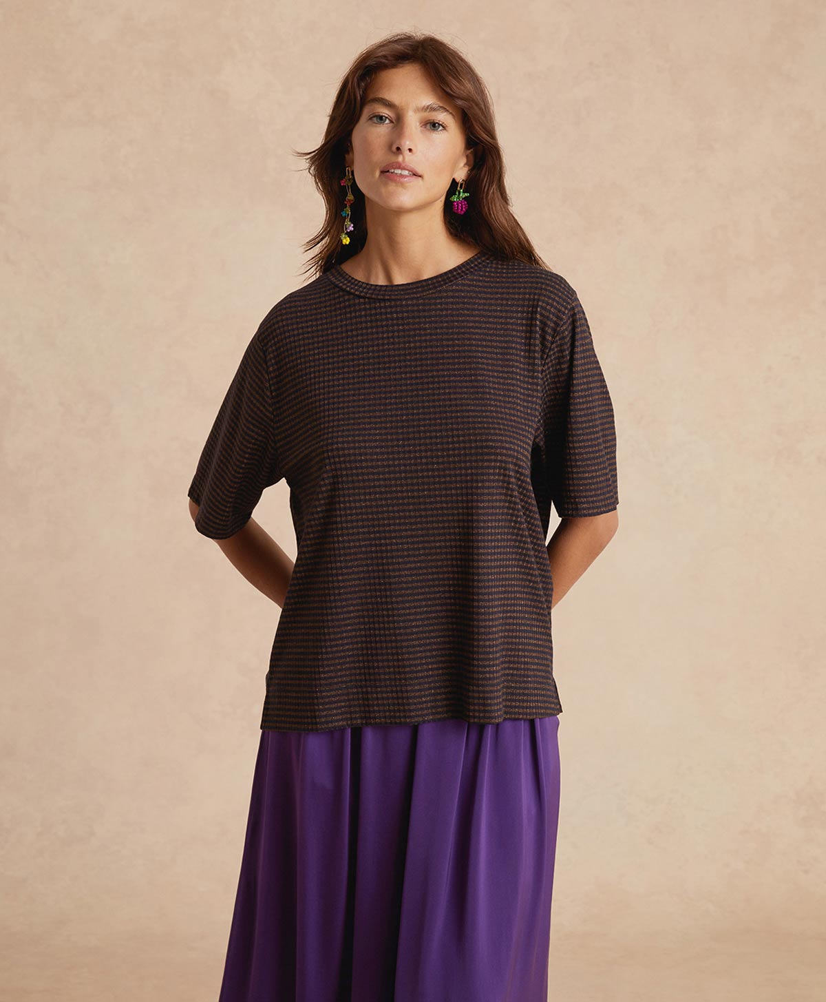 IORA TSHIRT IN LUREX RIB STRIPE - BLUE/BRONZE - Momonì