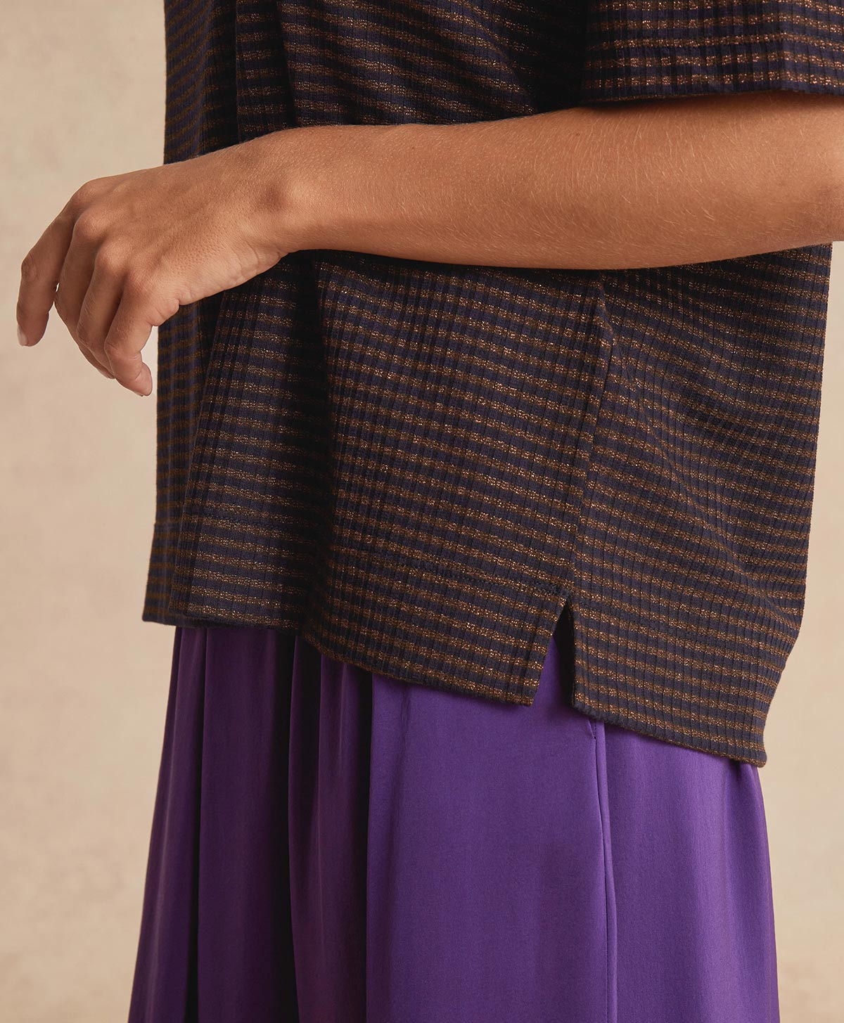 IORA TSHIRT IN LUREX RIB STRIPE - BLUE/BRONZE - Momonì