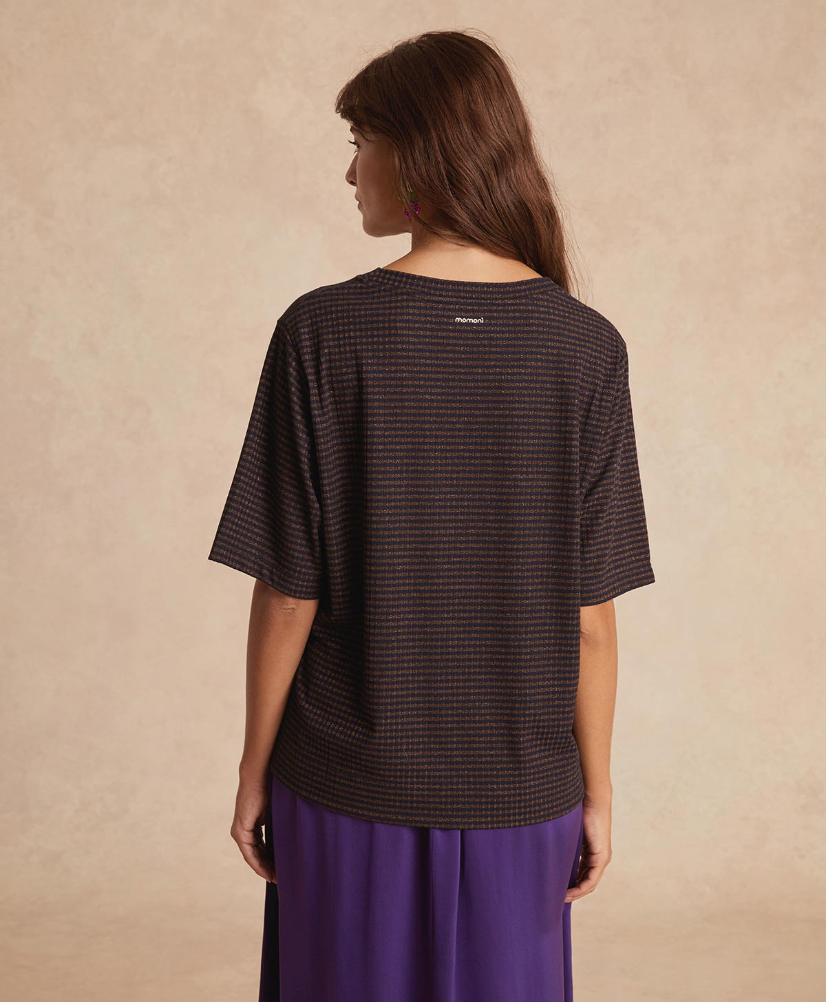 IORA TSHIRT IN LUREX RIB STRIPE - BLUE/BRONZE - Momonì