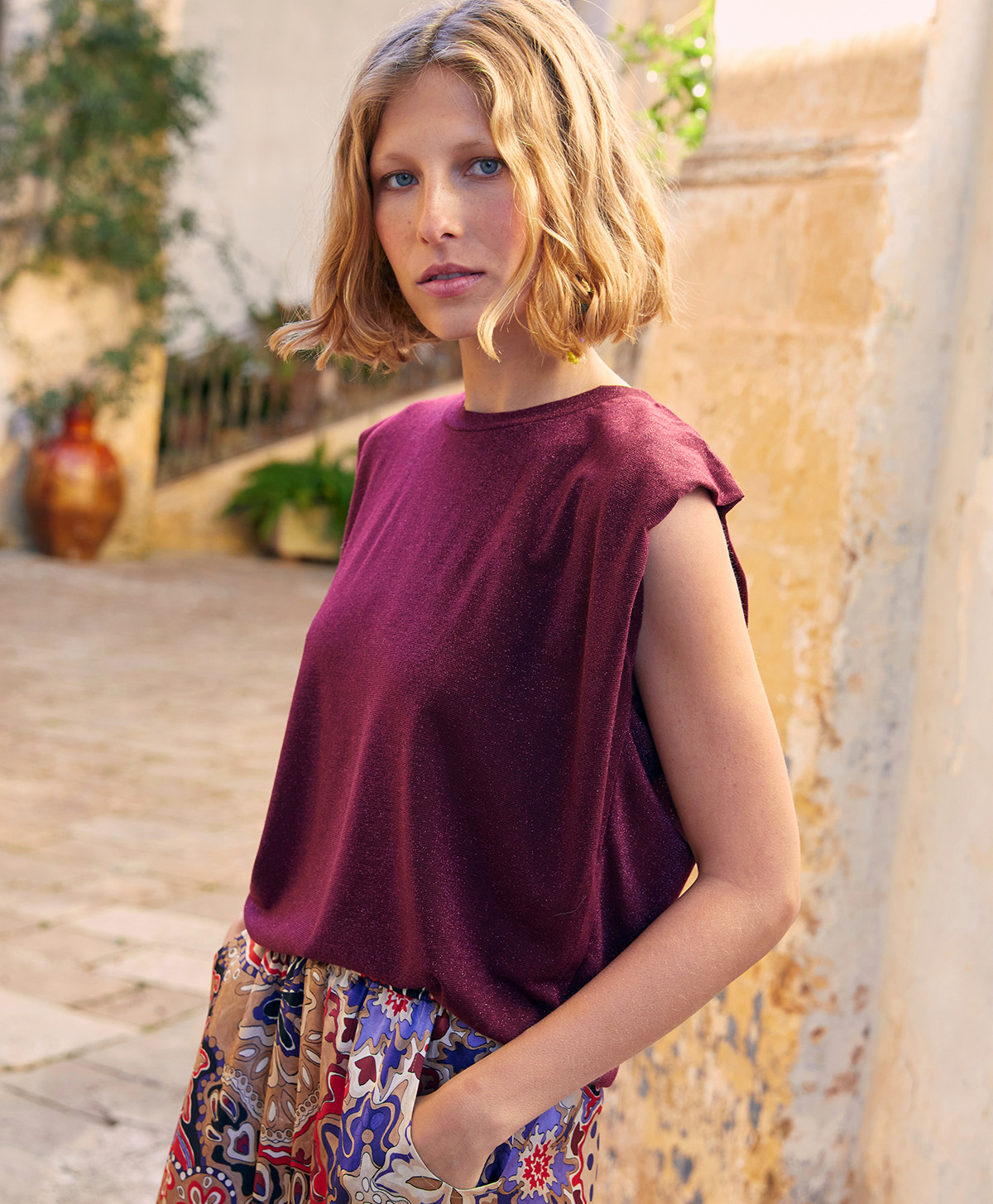 TOP ENNA EN JERSEY LUREX - WINE RED - Momonì