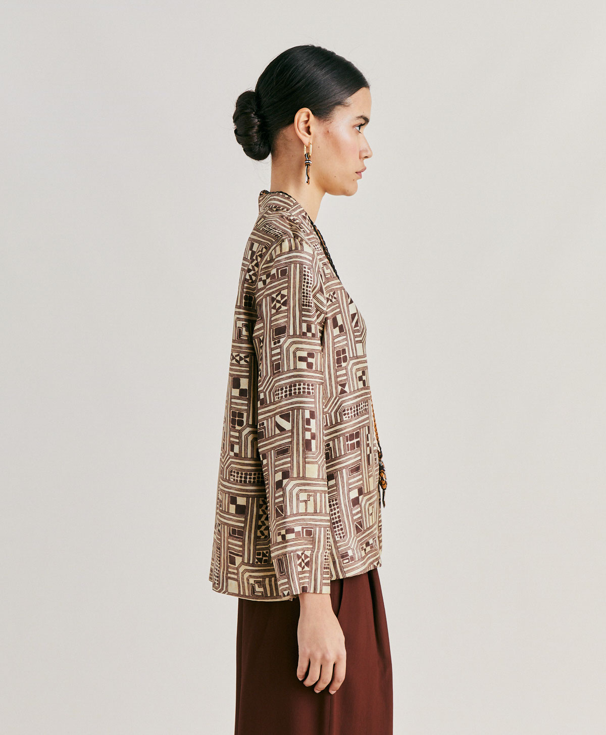 AMBROISE BLOUSE IN SILK TWILL - BEIGE/TOBACCO - Momonì