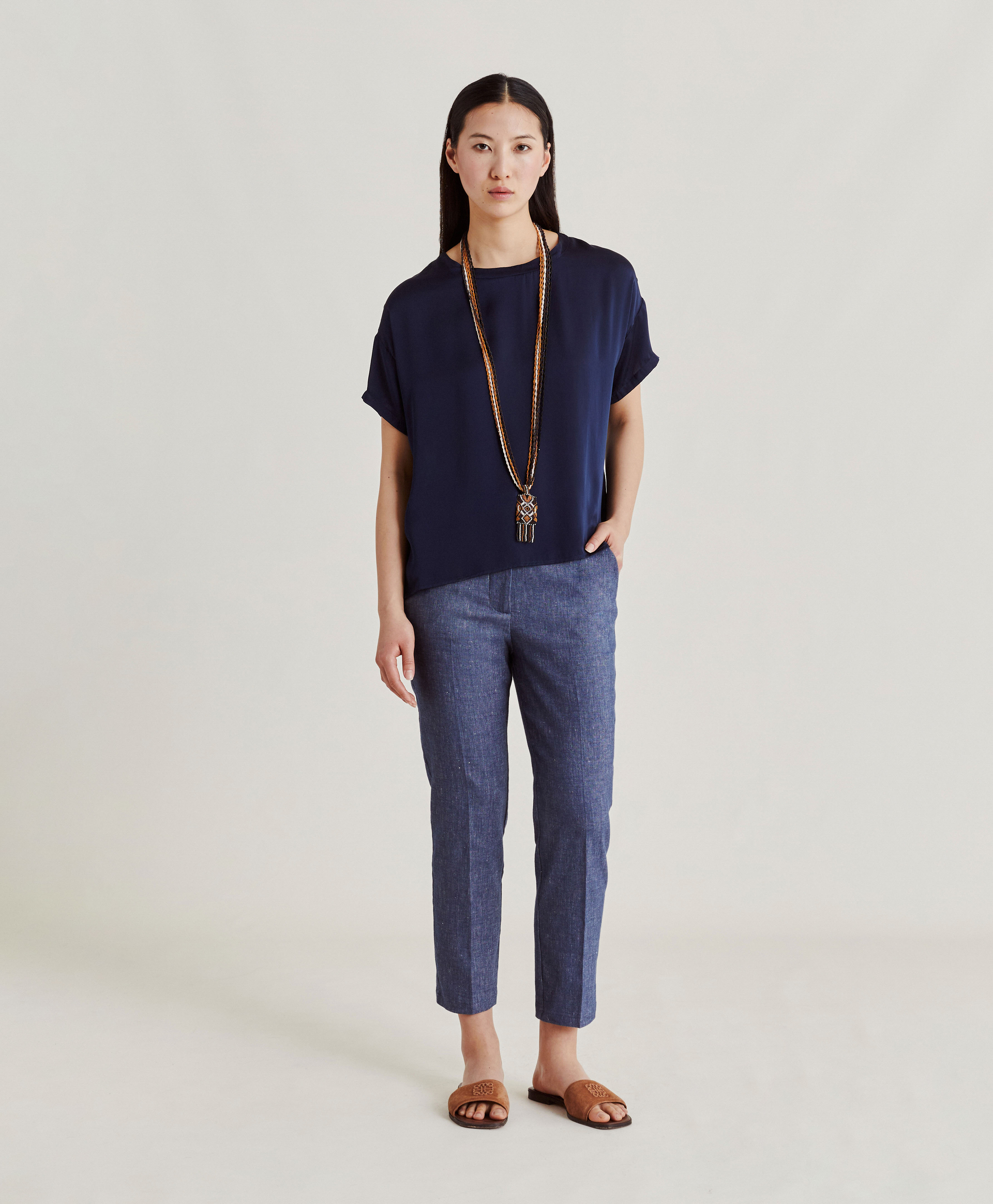 BLOUSE ALONSO EN SOIE UNIE - BLEU NUIT - Momonì