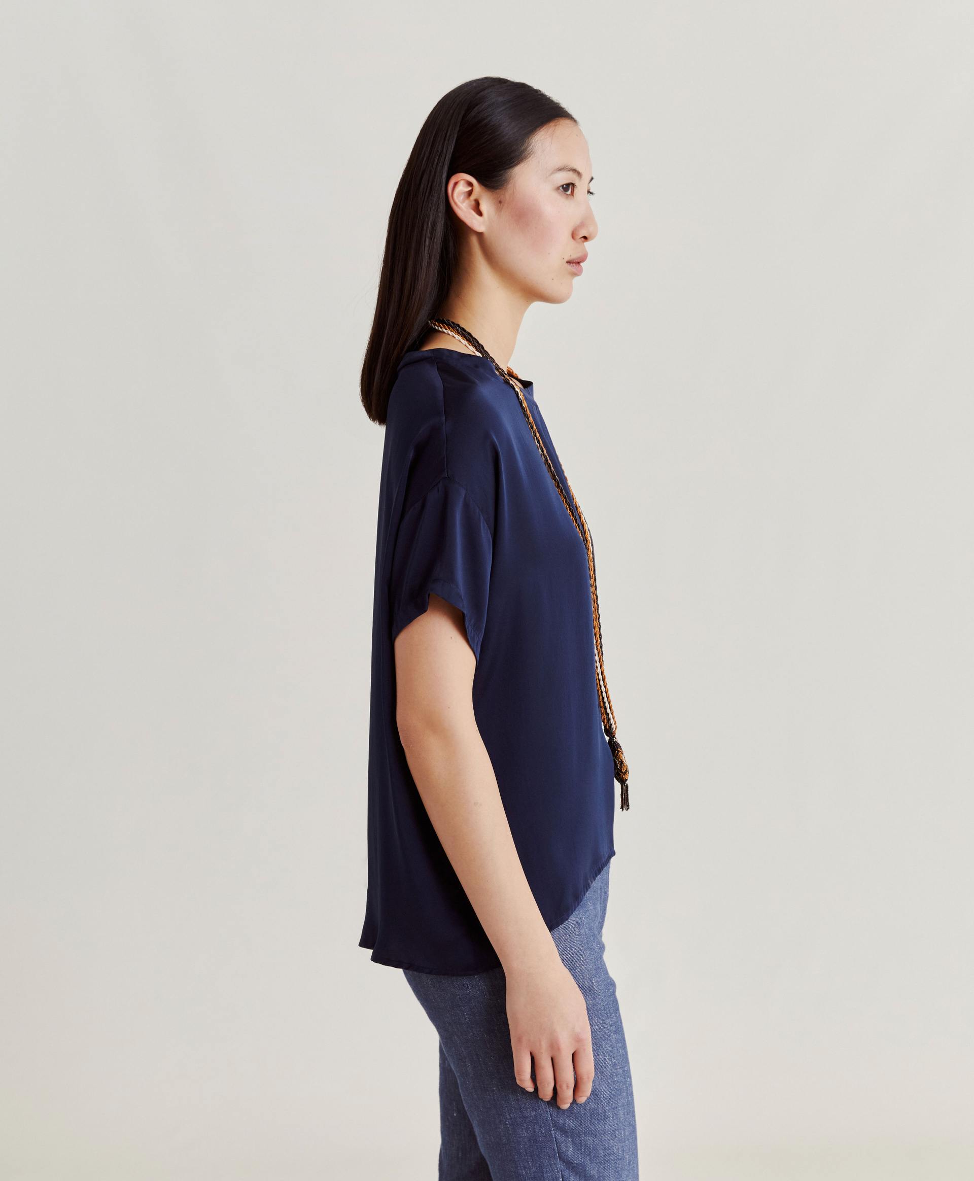 BLOUSE ALONSO EN SOIE UNIE - BLEU NUIT - Momonì