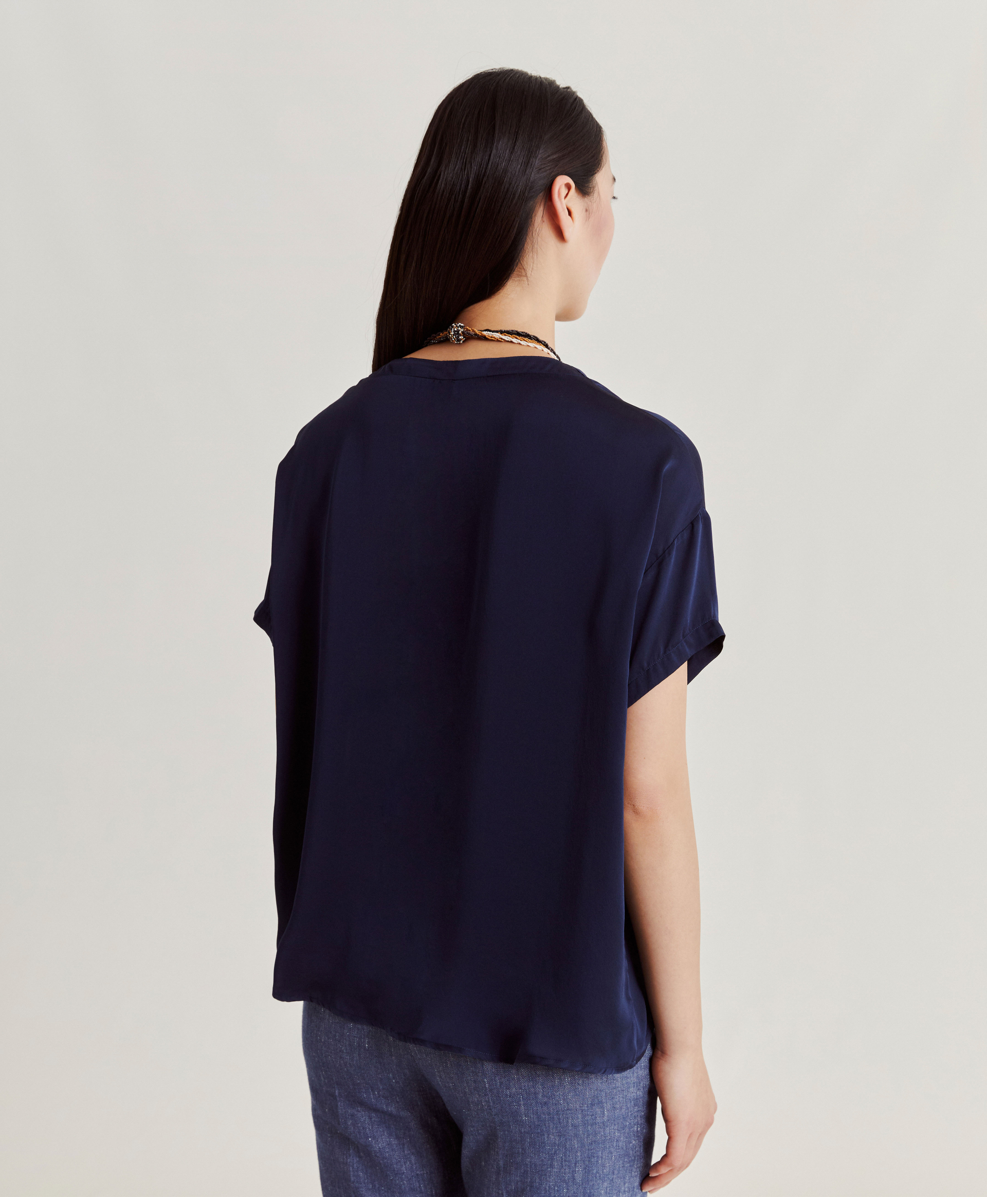 BLOUSE ALONSO EN SOIE UNIE - BLEU NUIT - Momonì