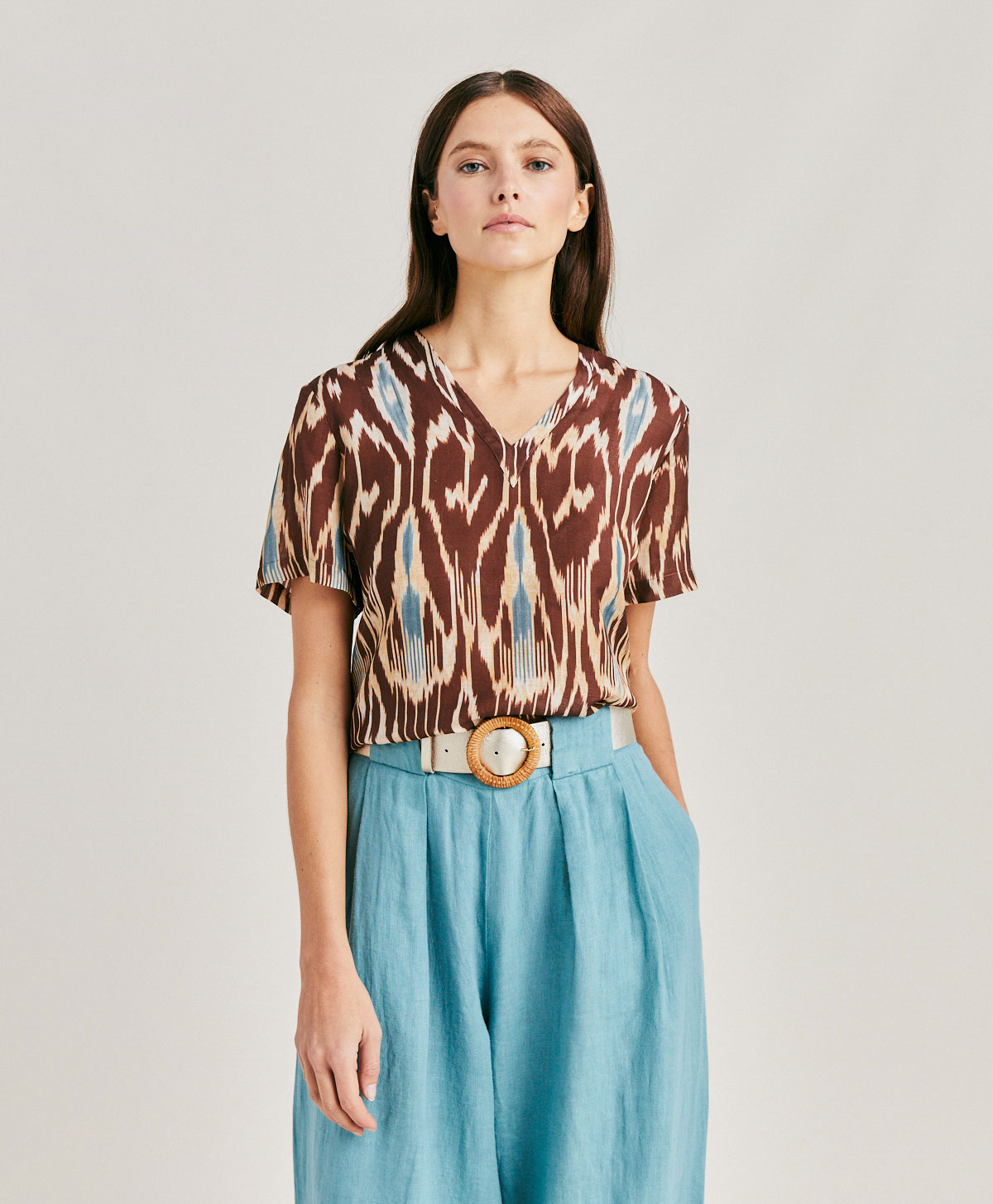 BLOUSE OSMANTO EN VISCOSE LIN IMPRIMÉ - CACAO MULTICOLORE - Momonì