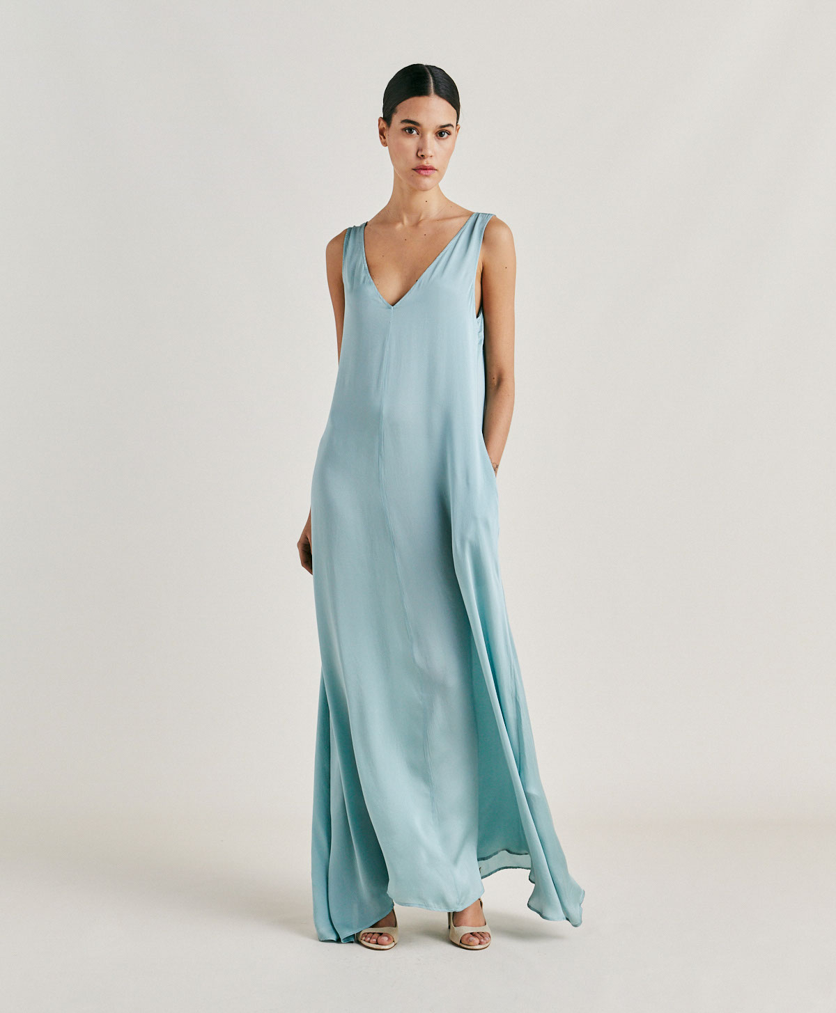 HELENA DRESS IN PLAIN SILK - CERULEAN - Momonì