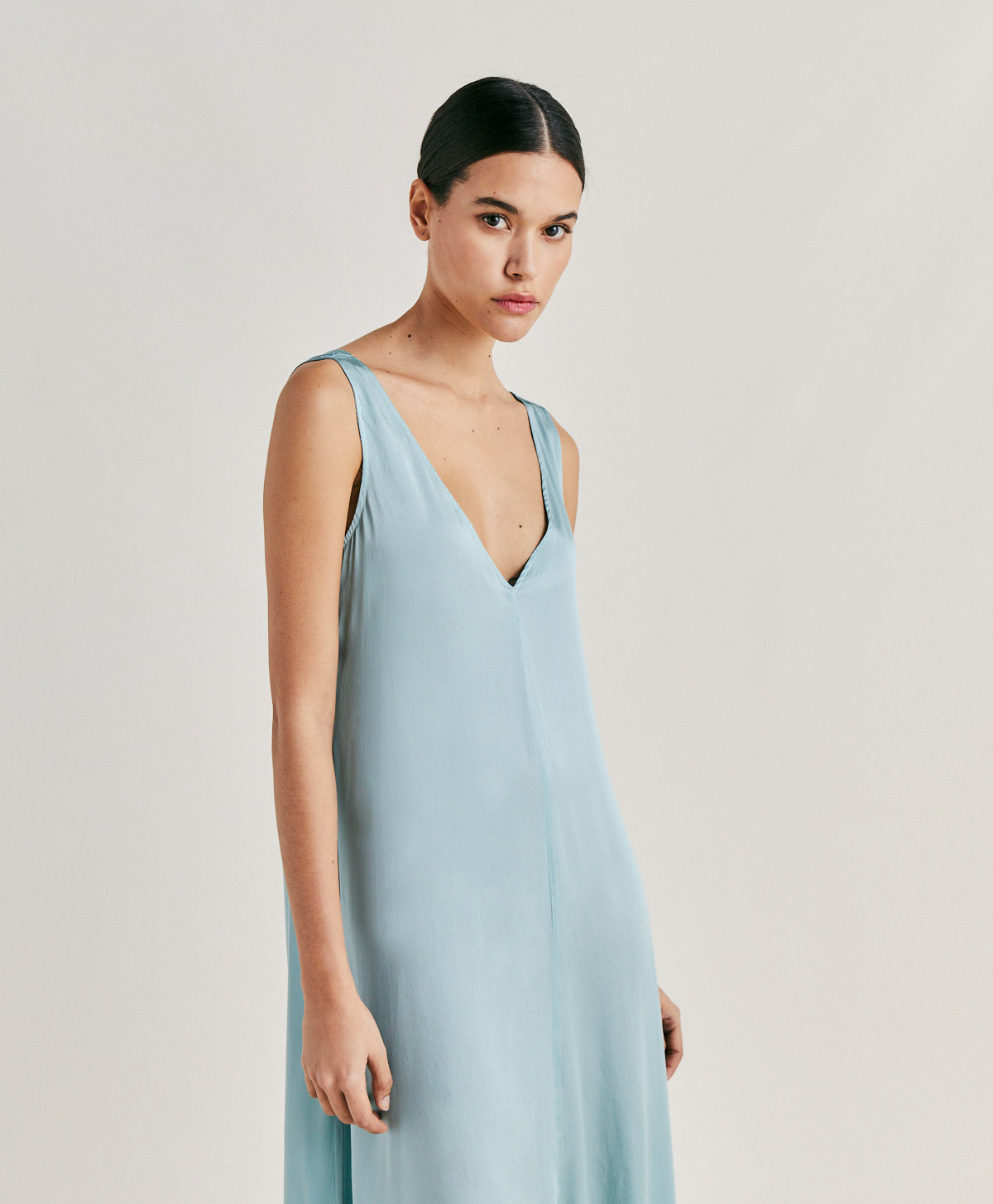 HELENA DRESS IN PLAIN SILK - CERULEAN - Momonì