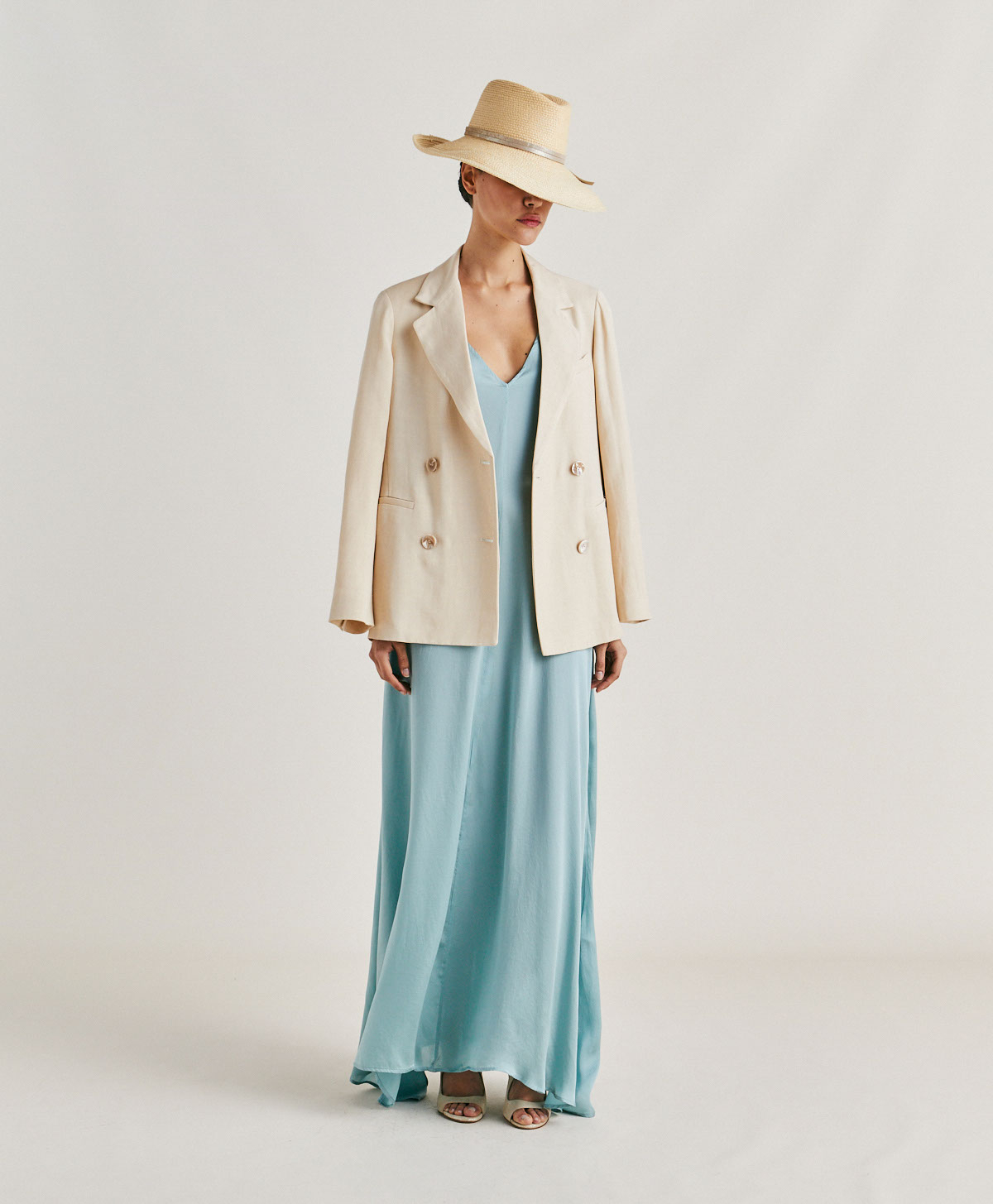 HELENA DRESS IN PLAIN SILK - CERULEAN - Momonì