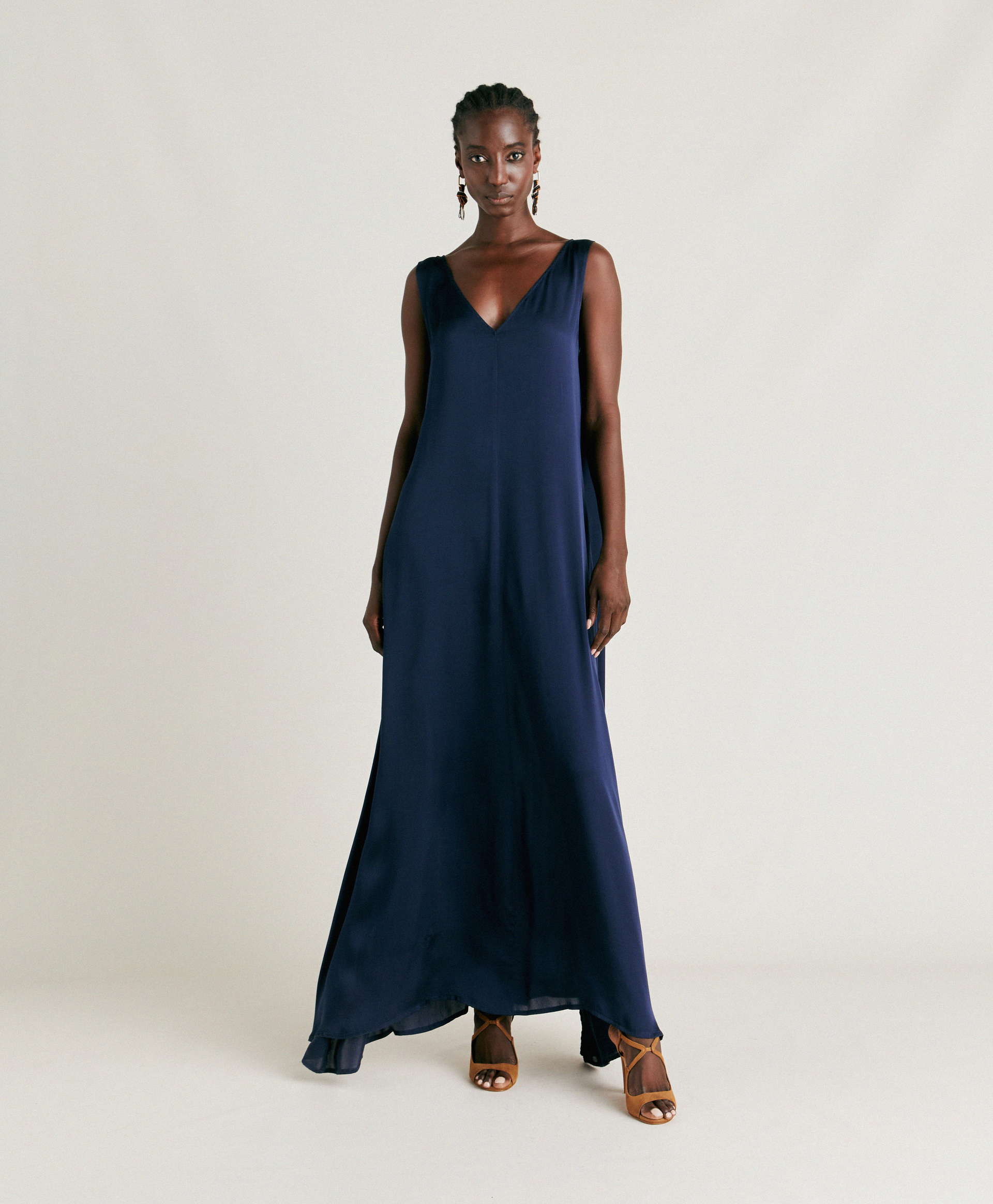 ROBE HELENA EN SOIE UNIE - BLEU NUIT - Momonì