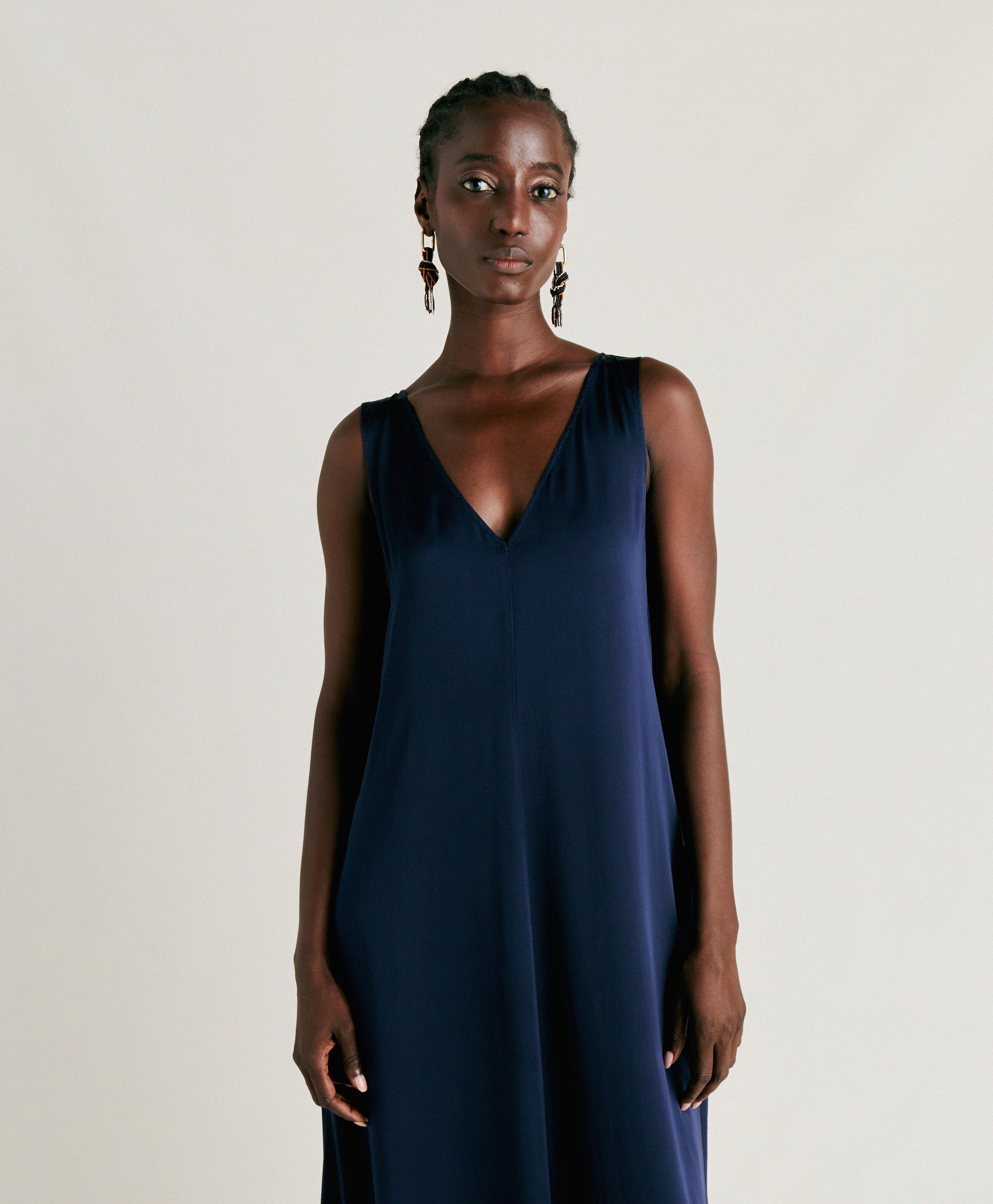 ROBE HELENA EN SOIE UNIE - BLEU NUIT - Momonì
