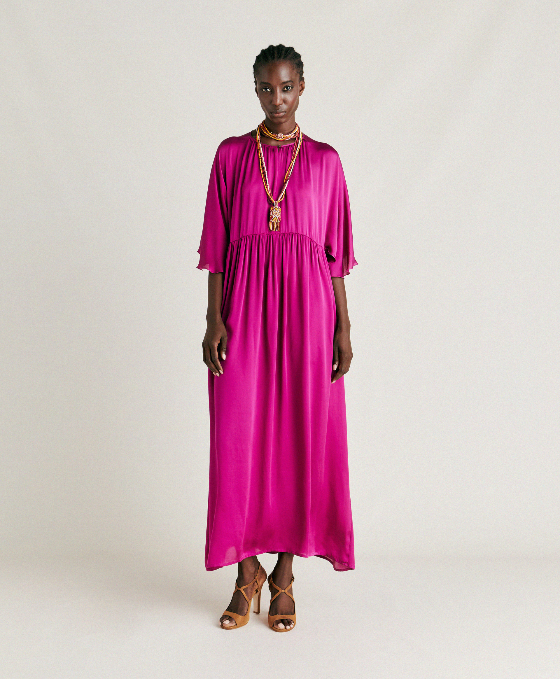 ROBE GINEVRA EN SOIE UNIE - CYCLAMEN - Momonì