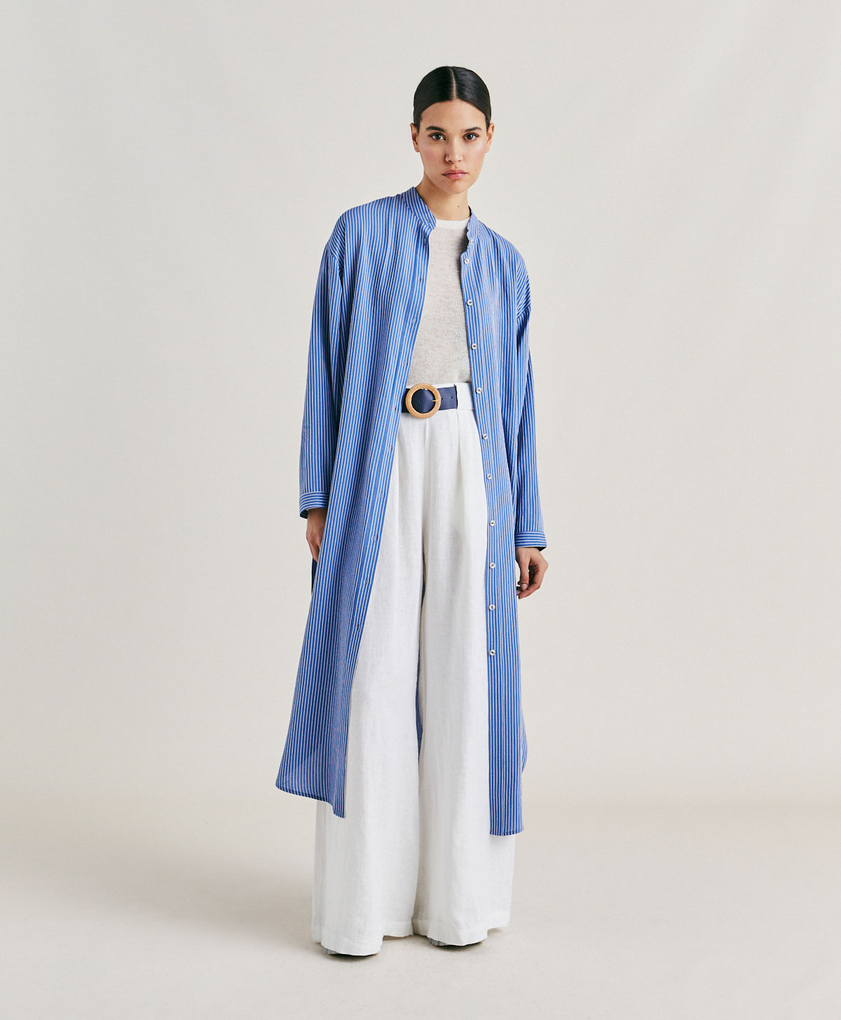 ZAIRA DRESS IN MULTI STRIPED VISCOSE SILK - LIGHT BLUE/CREAM - Clothing - Momonì