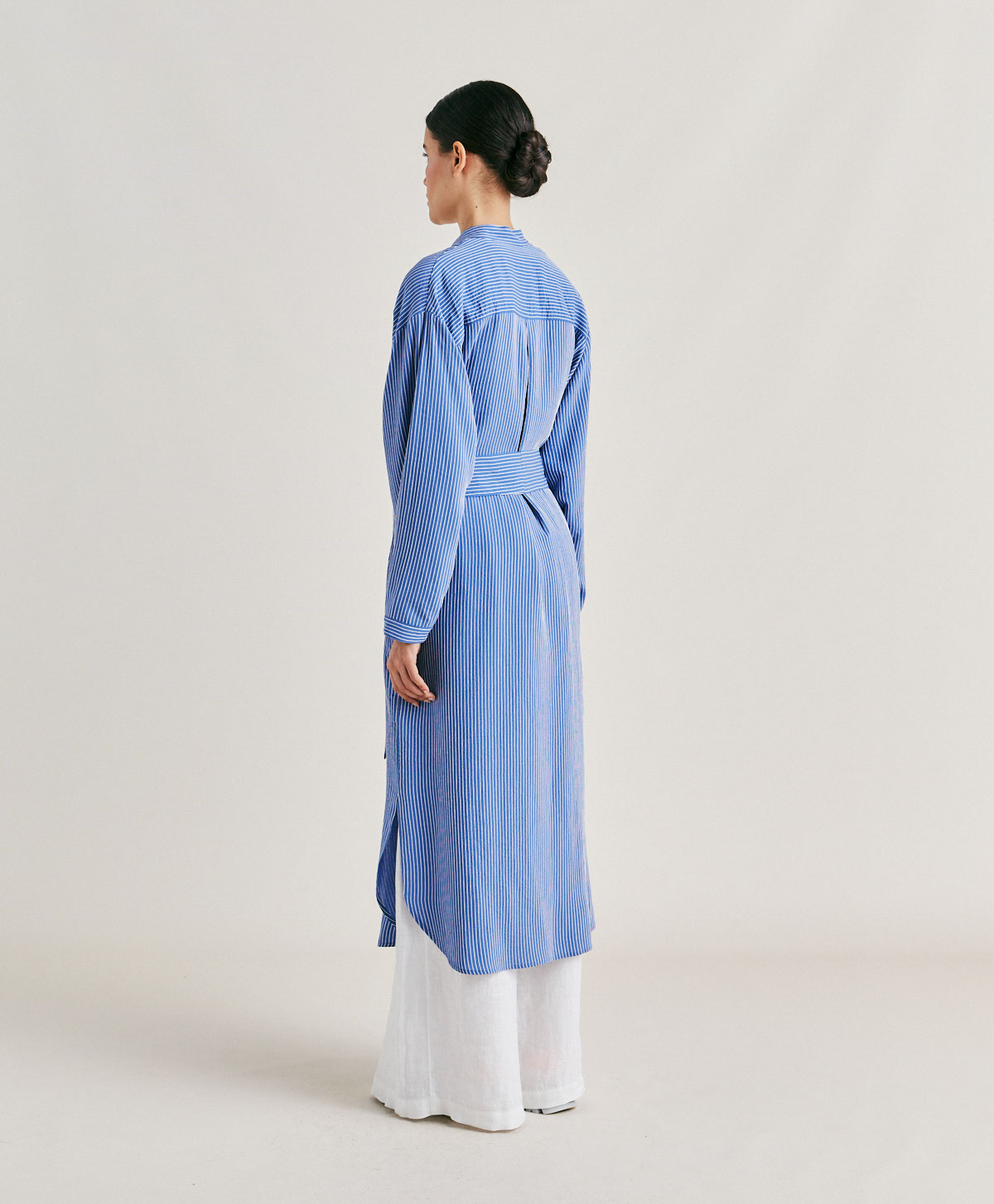 ZAIRA DRESS IN MULTI STRIPED VISCOSE SILK - LIGHT BLUE/CREAM - Momonì