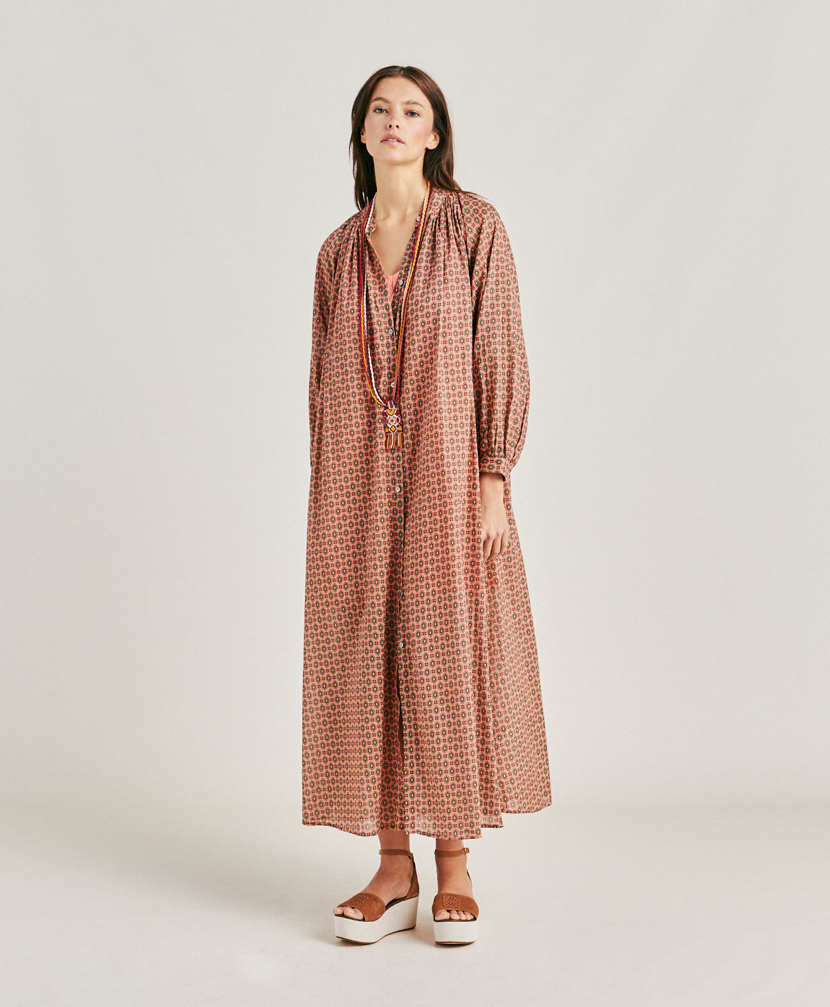 GOA DRESS IN PRINTED COTTON VOILE - CORAL - Momonì