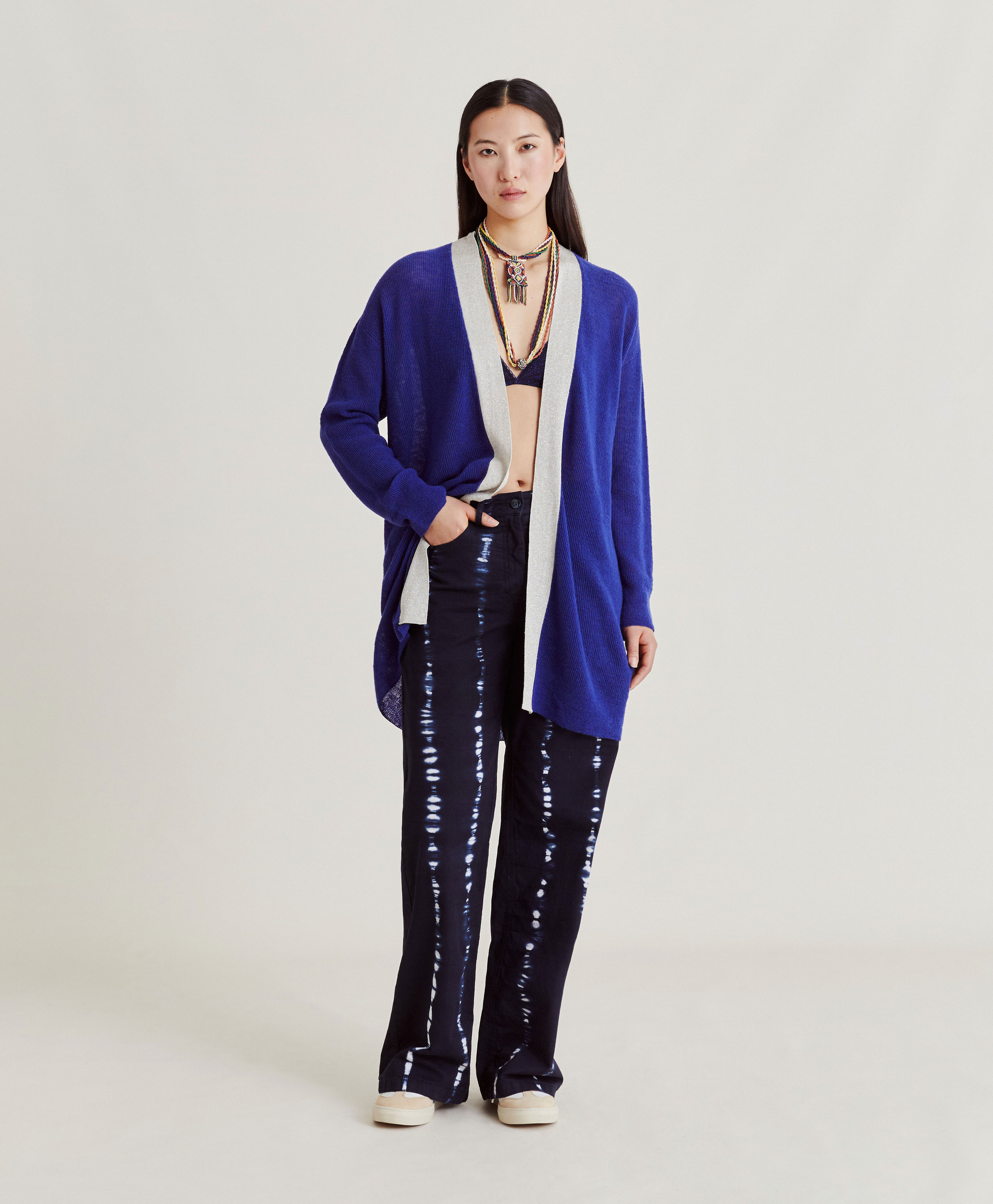 FLOSSY CARDIGAN  RIBBED WITH LUREX DETAILS - BLUE - Clothing - Momonì