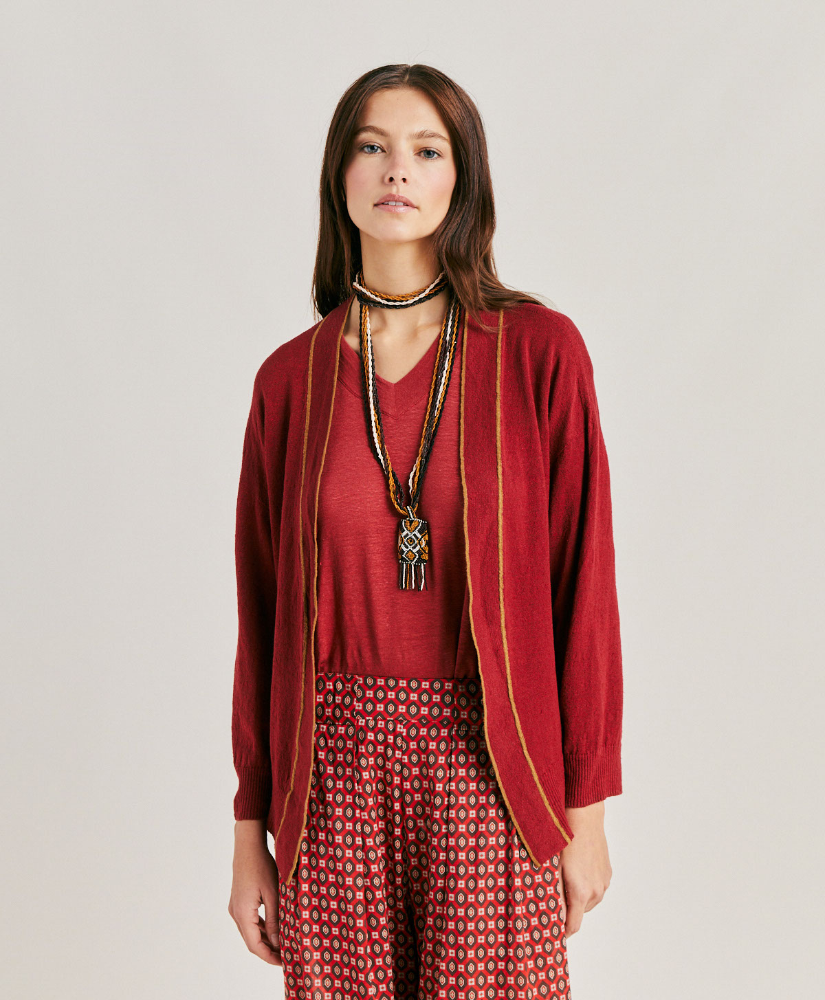 SANDY CARDIGAN IN STRETCH LINEN - BORDEAUX - Momonì